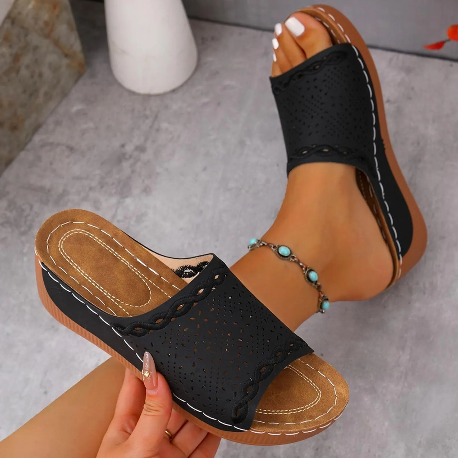 Women Comfortable Sandals Orthotic Walking Orthopedic Arch Support Sandals Open Toe Slip On Damping Sole Slippers Hollow Out Summer Orthopedic Platform Wedge Sandal Lightweight Walking Beach Slippers