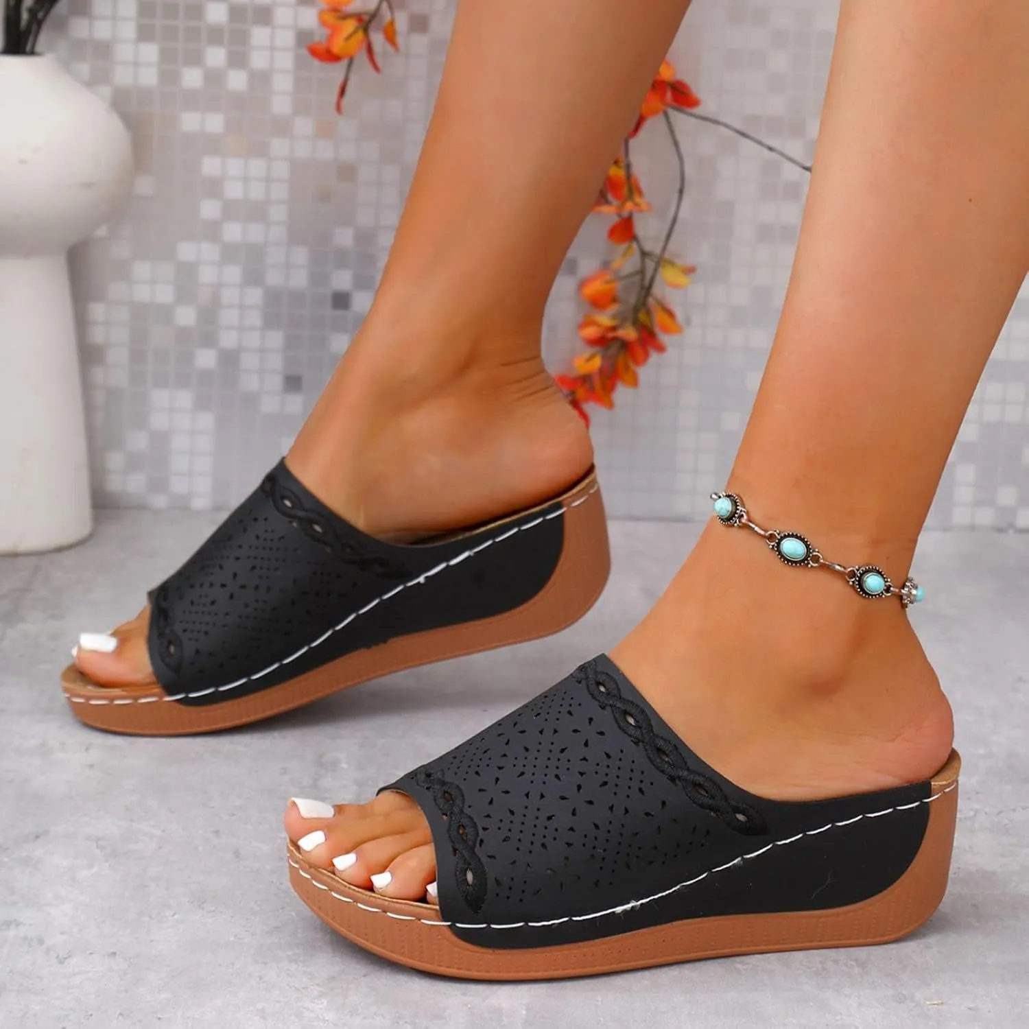 Women Comfortable Sandals Orthotic Walking Orthopedic Arch Support Sandals Open Toe Slip On Damping Sole Slippers Hollow Out Summer Orthopedic Platform Wedge Sandal Lightweight Walking Beach Slippers