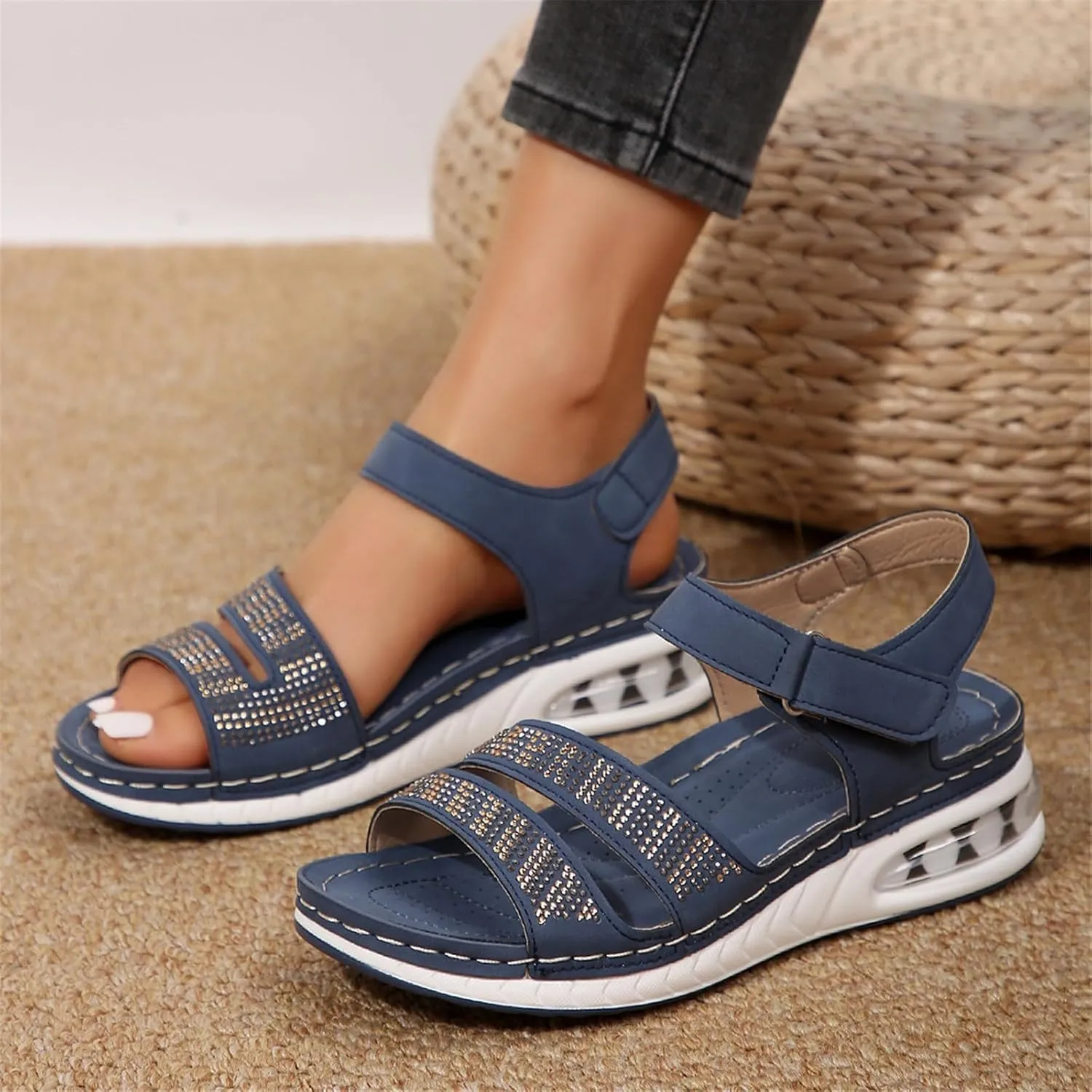 Women Comfortable Sandals Orthotic Walking Orthopedic Arch Support Wedge Sandal Summer Open Toe Flat Adjustable Double Strap Non-Slip Platform Fashion Work Office Shoes