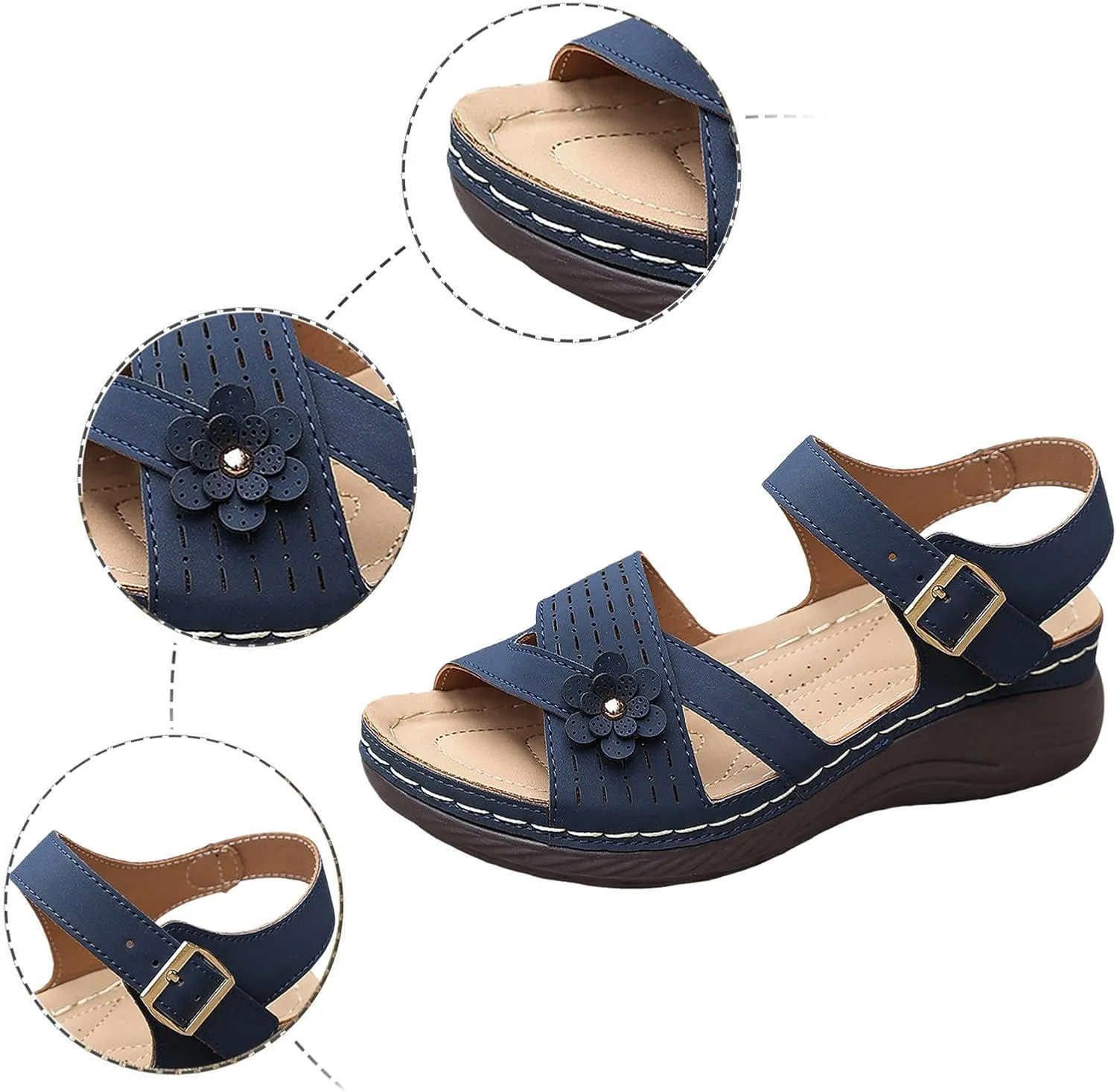 Women Comfortable Sandals Orthotic Walking Sandals Orthopedic Wide Width Arch Support Sandal with Adjustable Hook Loop Flower Summer Casual Dressy Fishmouth Platform Sandal Outdoor Going Out Footwear