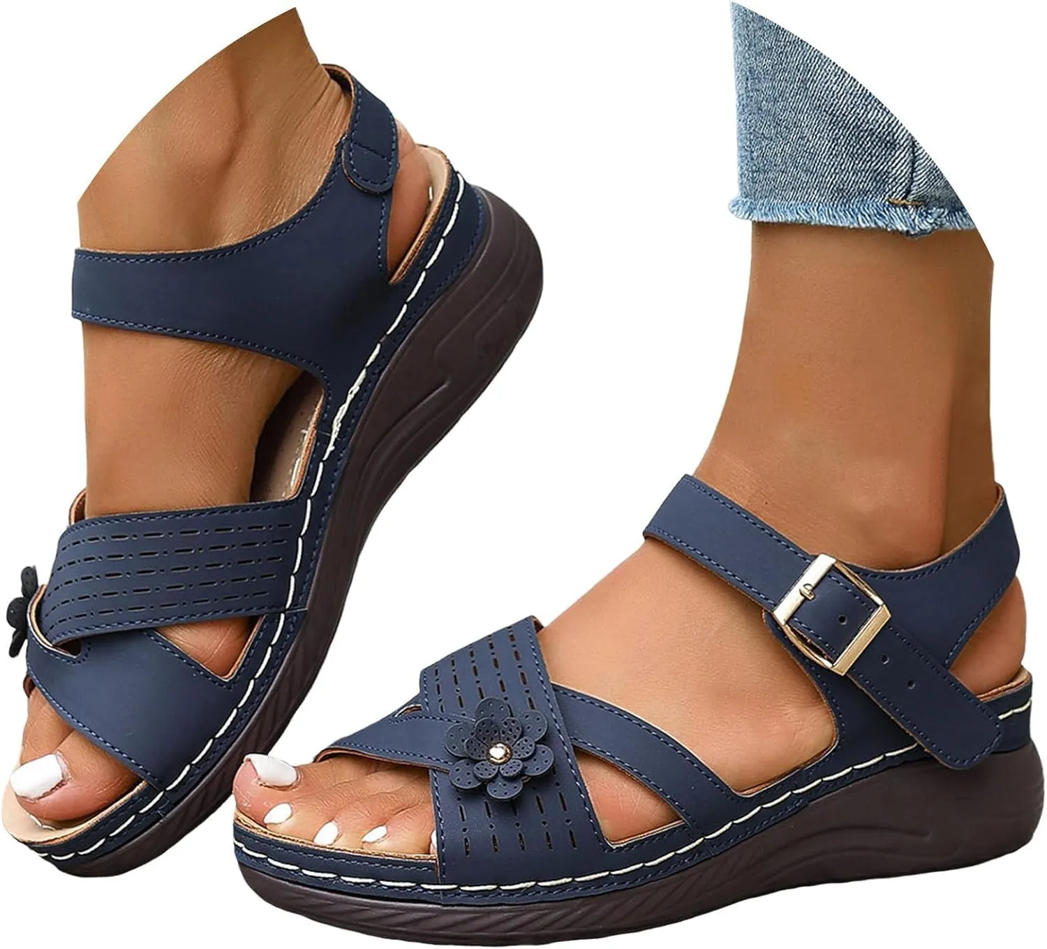Women Comfortable Sandals Orthotic Walking Sandals Orthopedic Wide Width Arch Support Sandal with Adjustable Hook Loop Flower Summer Casual Dressy Fishmouth Platform Sandal Outdoor Going Out Footwear