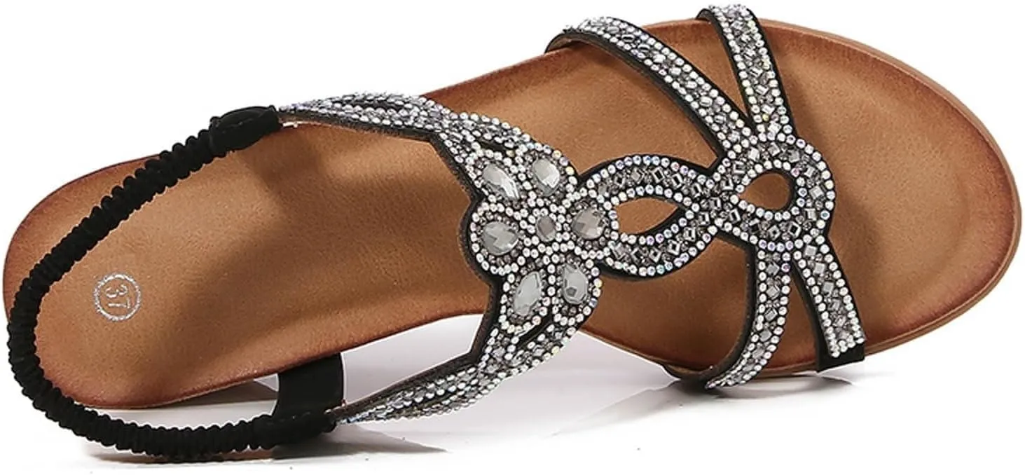 Women Dressy Summer Comfortable Open Toe Wedge Sandals Comfortable Low Heel Platform Elastic Ankle Strap Flower Wedges Sandal Casual Bohemian Slide Beach Rhinestone Fashion Shoes
