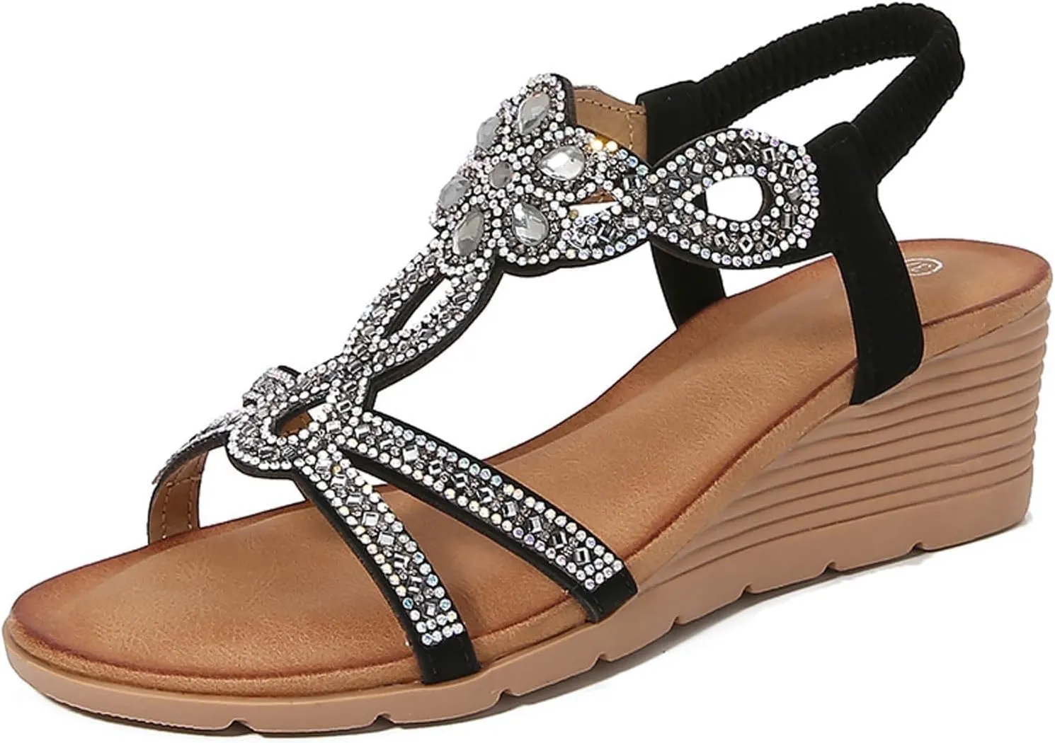 Women Dressy Summer Comfortable Open Toe Wedge Sandals Comfortable Low Heel Platform Elastic Ankle Strap Flower Wedges Sandal Casual Bohemian Slide Beach Rhinestone Fashion Shoes