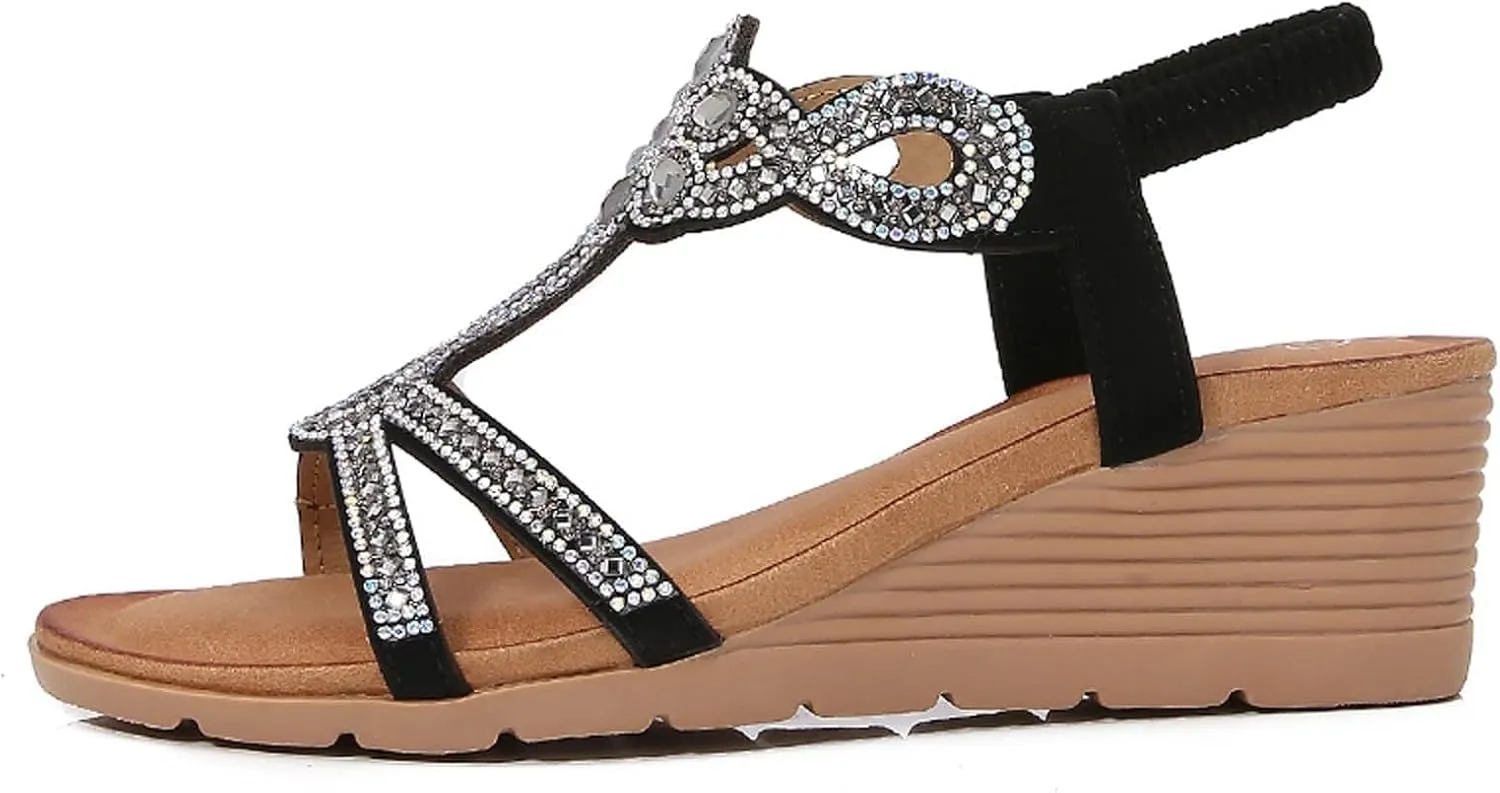 Women Dressy Summer Comfortable Open Toe Wedge Sandals Comfortable Low Heel Platform Elastic Ankle Strap Flower Wedges Sandal Casual Bohemian Slide Beach Rhinestone Fashion Shoes