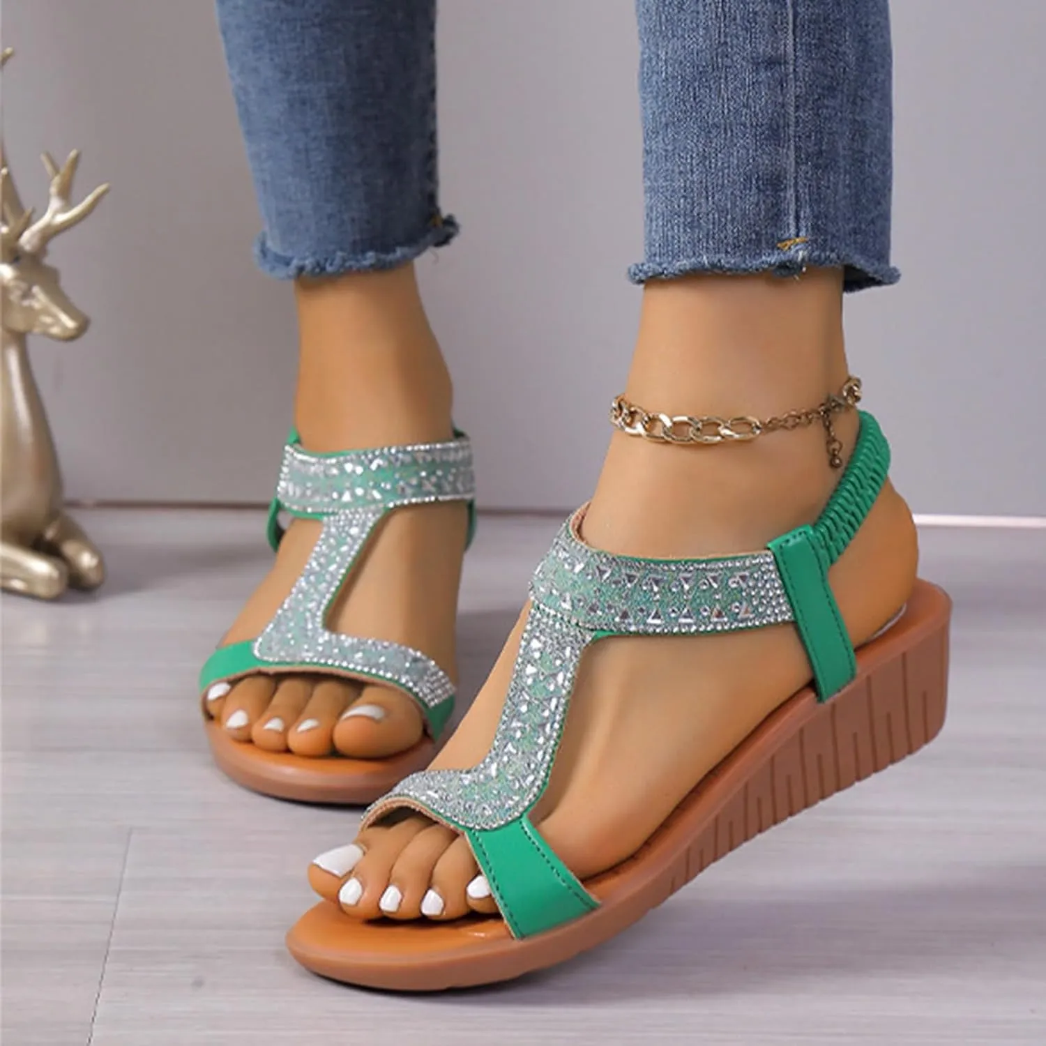 Women Elastic Ankle Strap Wedge Sandals Comfortable Open Toe Slip On Platform Sandals Summer Fish Mouth Rhinestone Dress Shoes