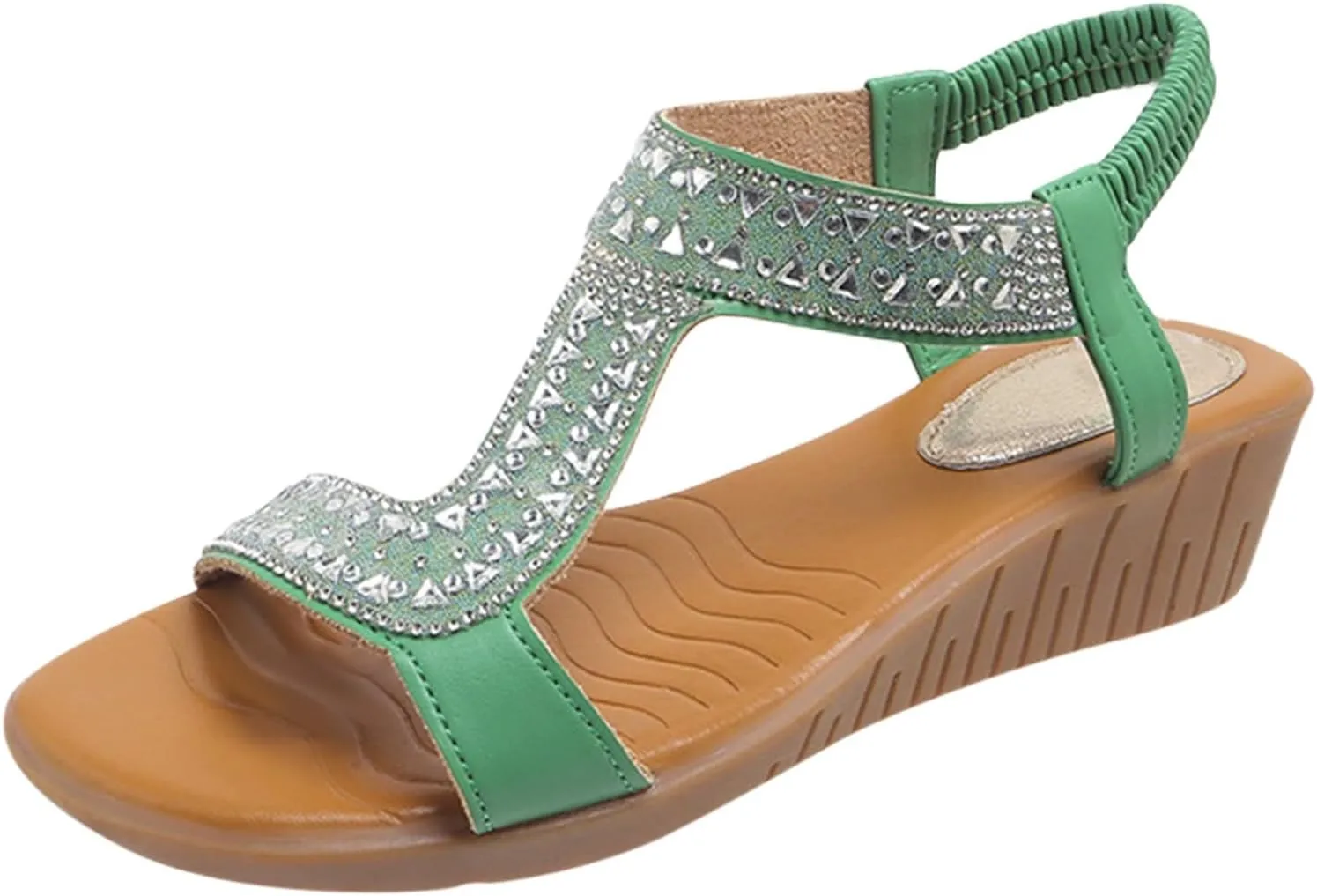 Women Elastic Ankle Strap Wedge Sandals Comfortable Open Toe Slip On Platform Sandals Summer Fish Mouth Rhinestone Dress Shoes