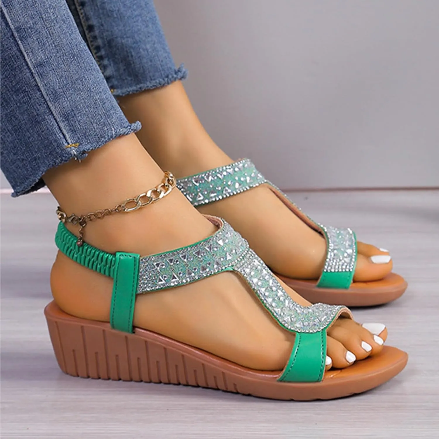 Women Elastic Ankle Strap Wedge Sandals Comfortable Open Toe Slip On Platform Sandals Summer Fish Mouth Rhinestone Dress Shoes