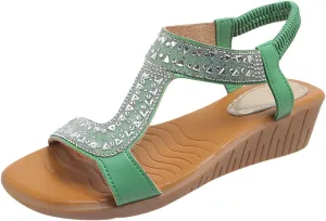 Women Elastic Ankle Strap Wedge Sandals Comfortable Open Toe Slip On Platform Sandals Summer Fish Mouth Rhinestone Dress Shoes