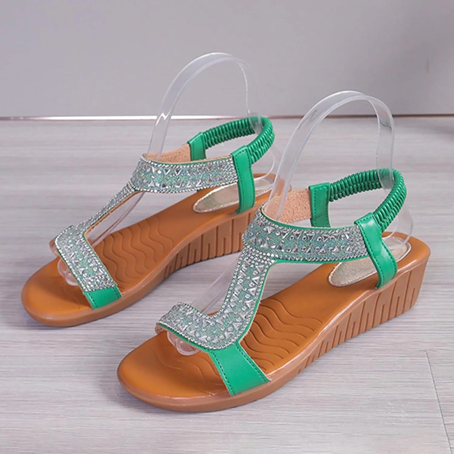 Women Elastic Ankle Strap Wedge Sandals Comfortable Open Toe Slip On Platform Sandals Summer Fish Mouth Rhinestone Dress Shoes