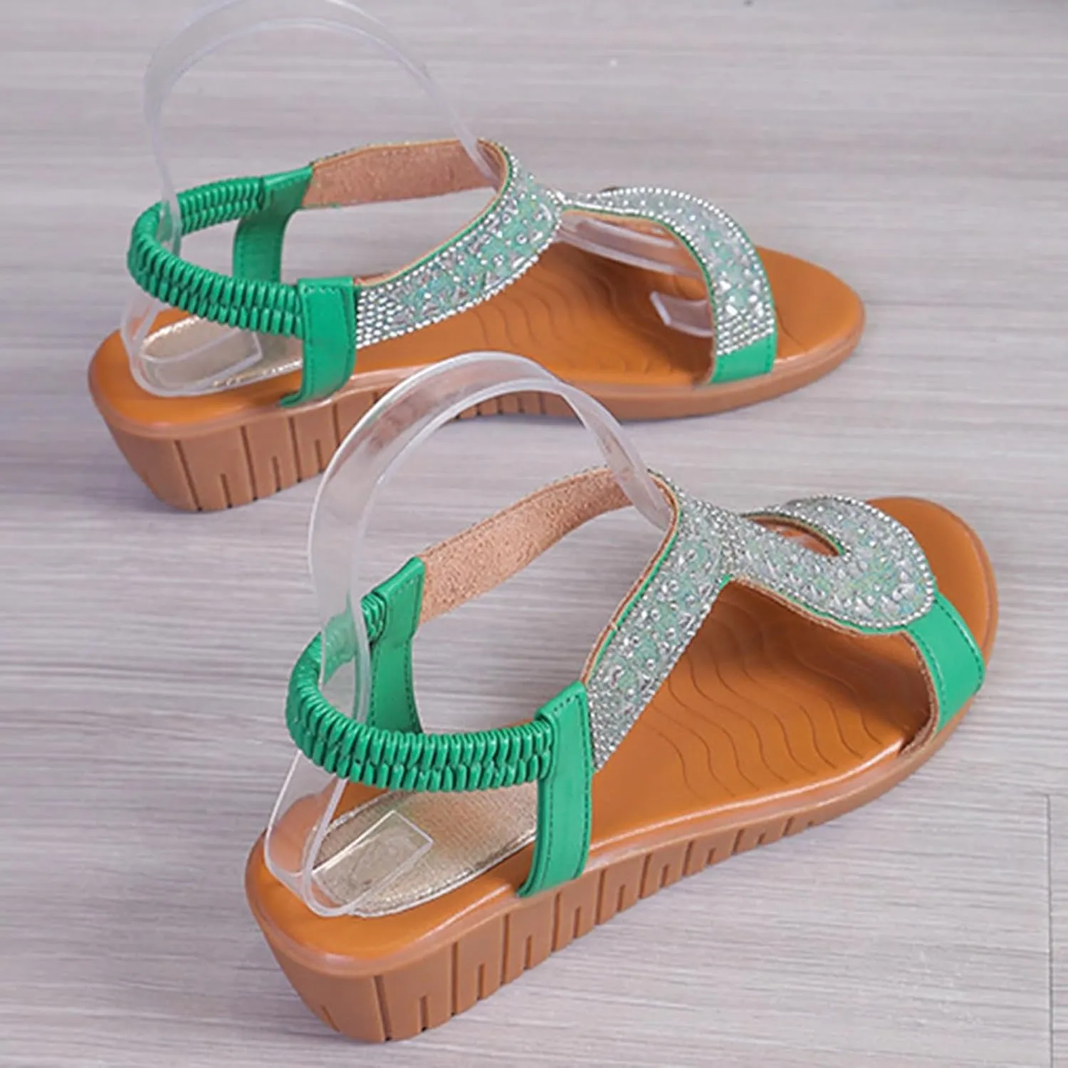 Women Elastic Ankle Strap Wedge Sandals Comfortable Open Toe Slip On Platform Sandals Summer Fish Mouth Rhinestone Dress Shoes