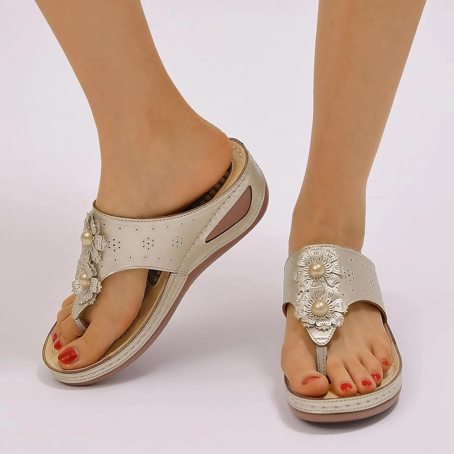 Women Wedge Sandals Flowers Orthopedic Clip Toe Sandals Summer Comfortable Flip Flops with Arch Suppor Casual Shoes