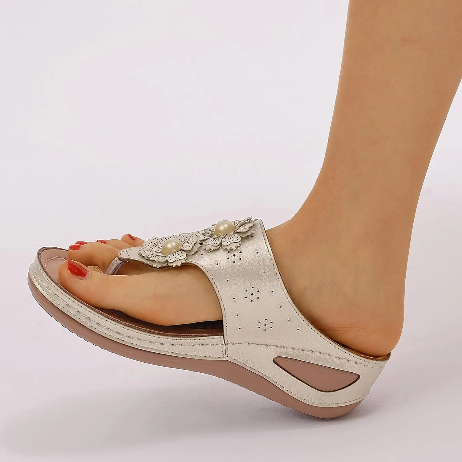 Women Wedge Sandals Flowers Orthopedic Clip Toe Sandals Summer Comfortable Flip Flops with Arch Suppor Casual Shoes