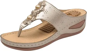 Women Wedge Sandals Flowers Orthopedic Clip Toe Sandals Summer Comfortable Flip Flops with Arch Suppor Casual Shoes