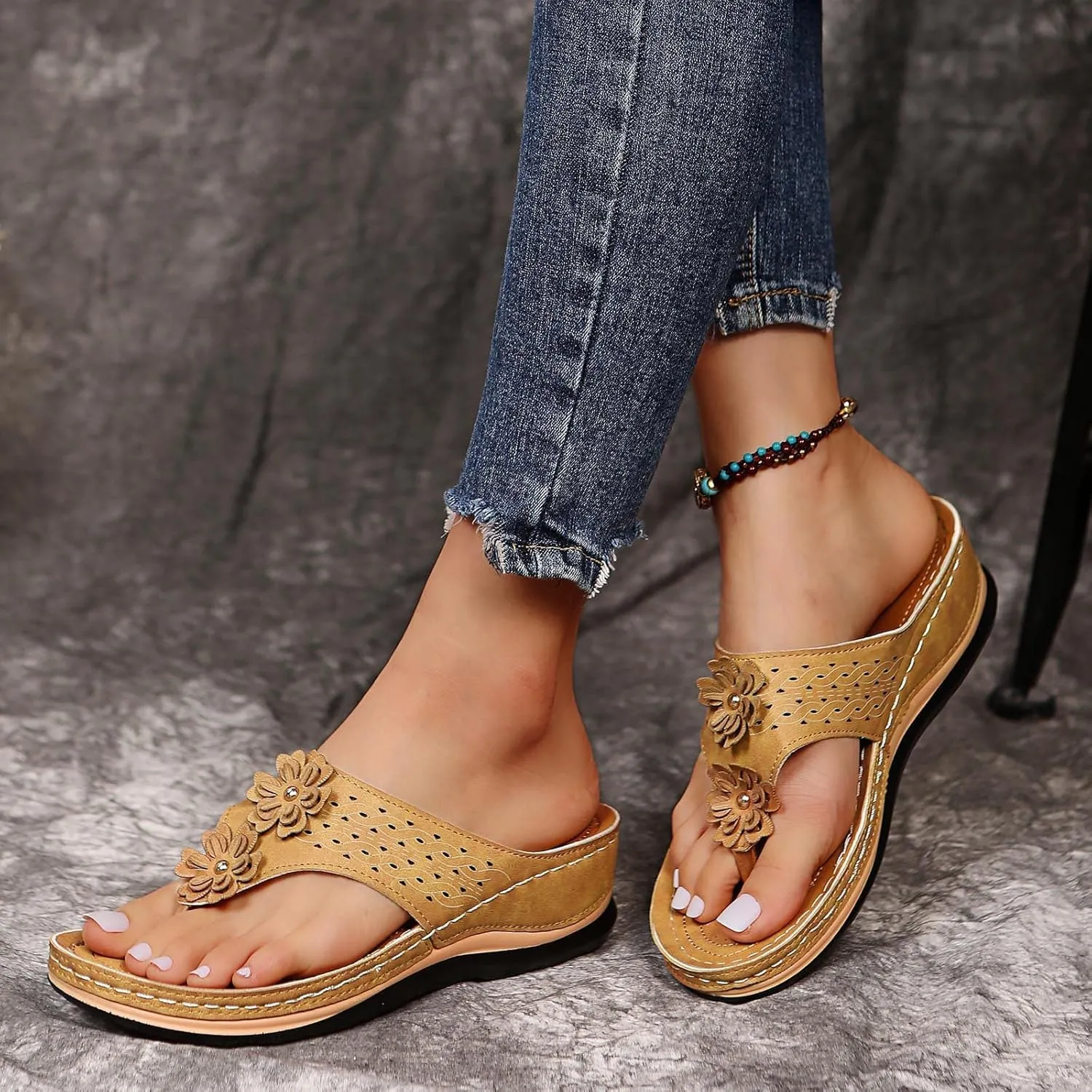 Women Wedge Sandals Orthopedic Clip Toe Orthopedic Sandals with Arch Support Casual Walking Slip on Flip Flops