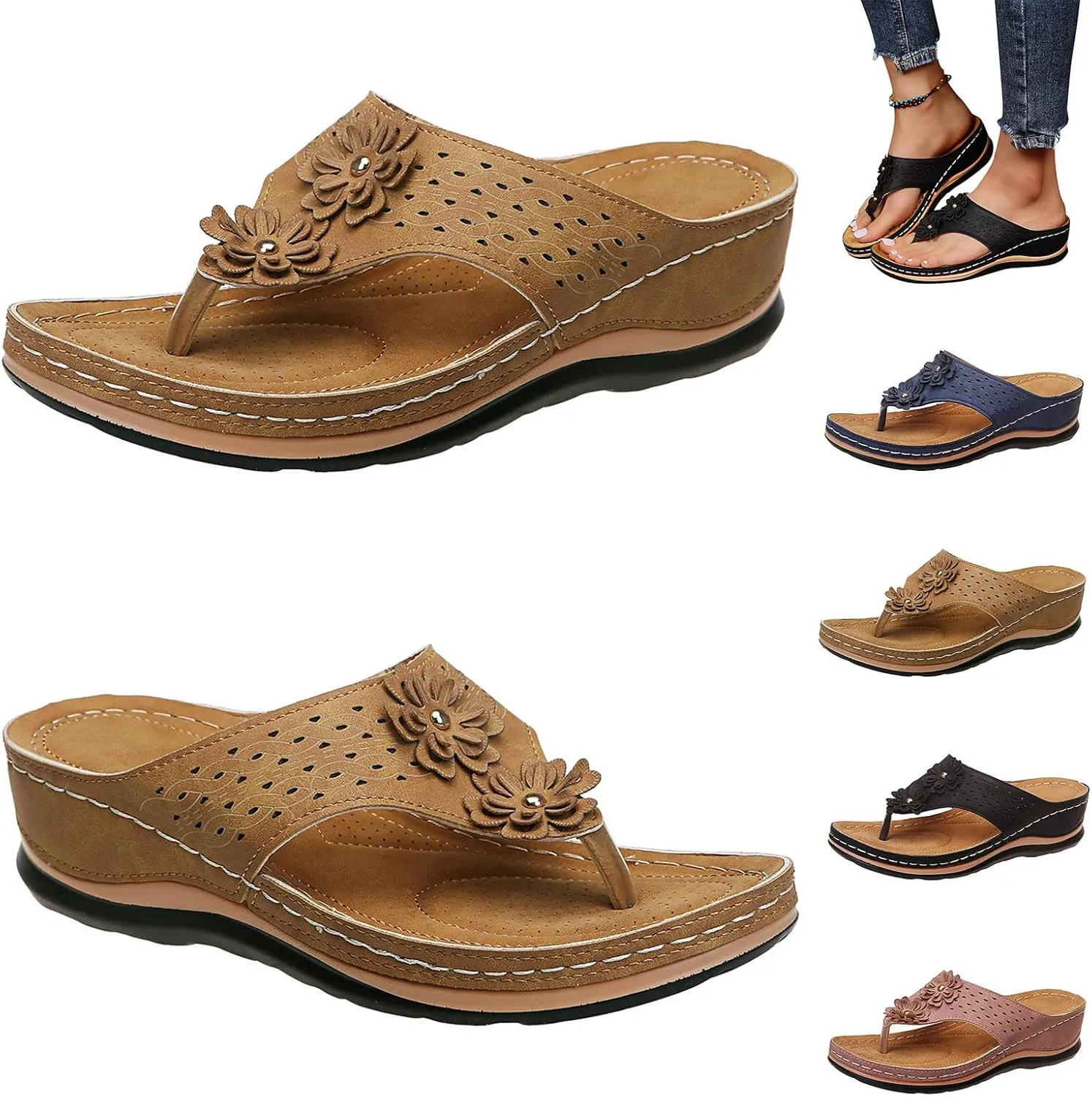 Women Wedge Sandals Orthopedic Clip Toe Orthopedic Sandals with Arch Support Casual Walking Slip on Flip Flops