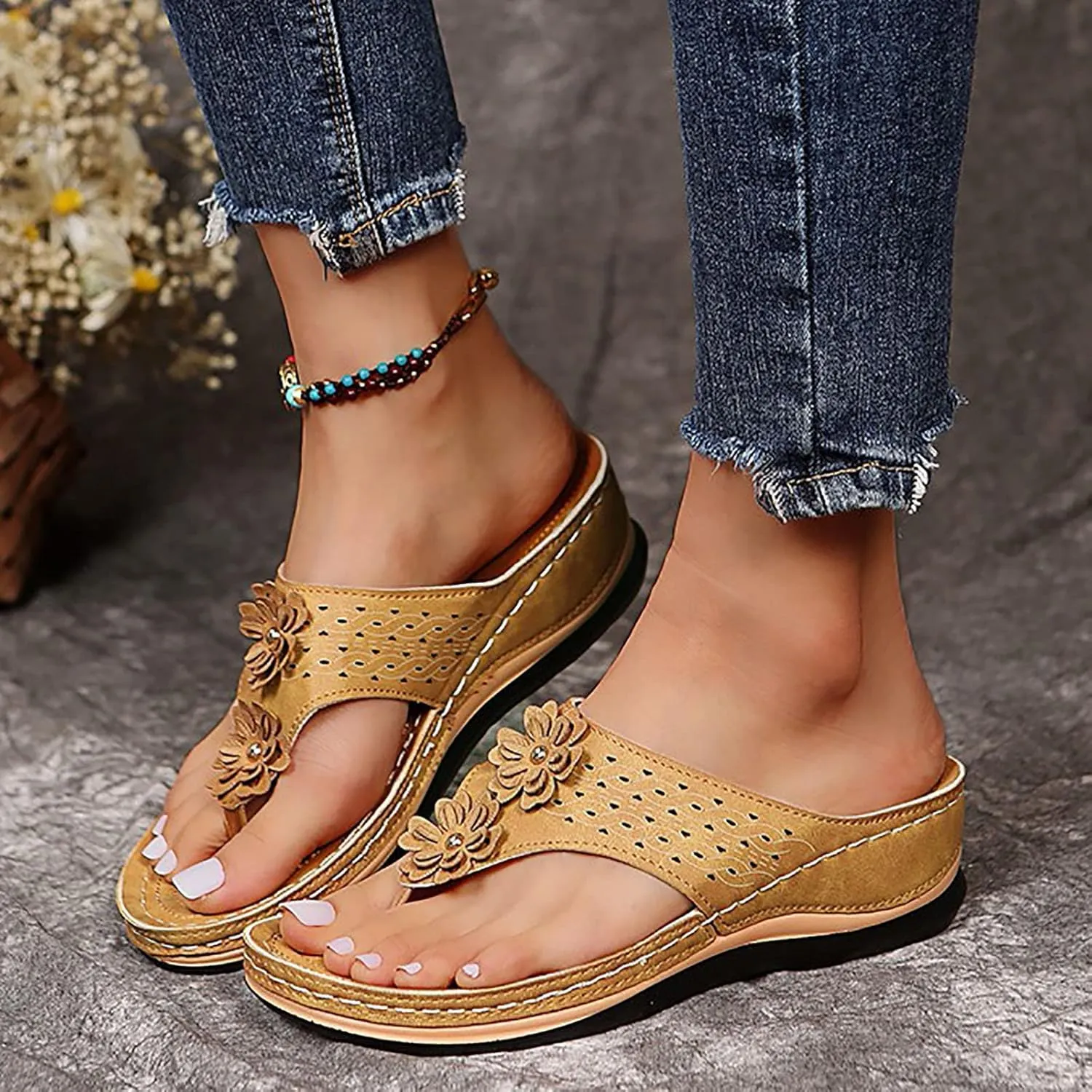 Women Wedge Sandals Orthopedic Clip Toe Orthopedic Sandals with Arch Support Casual Walking Slip on Flip Flops