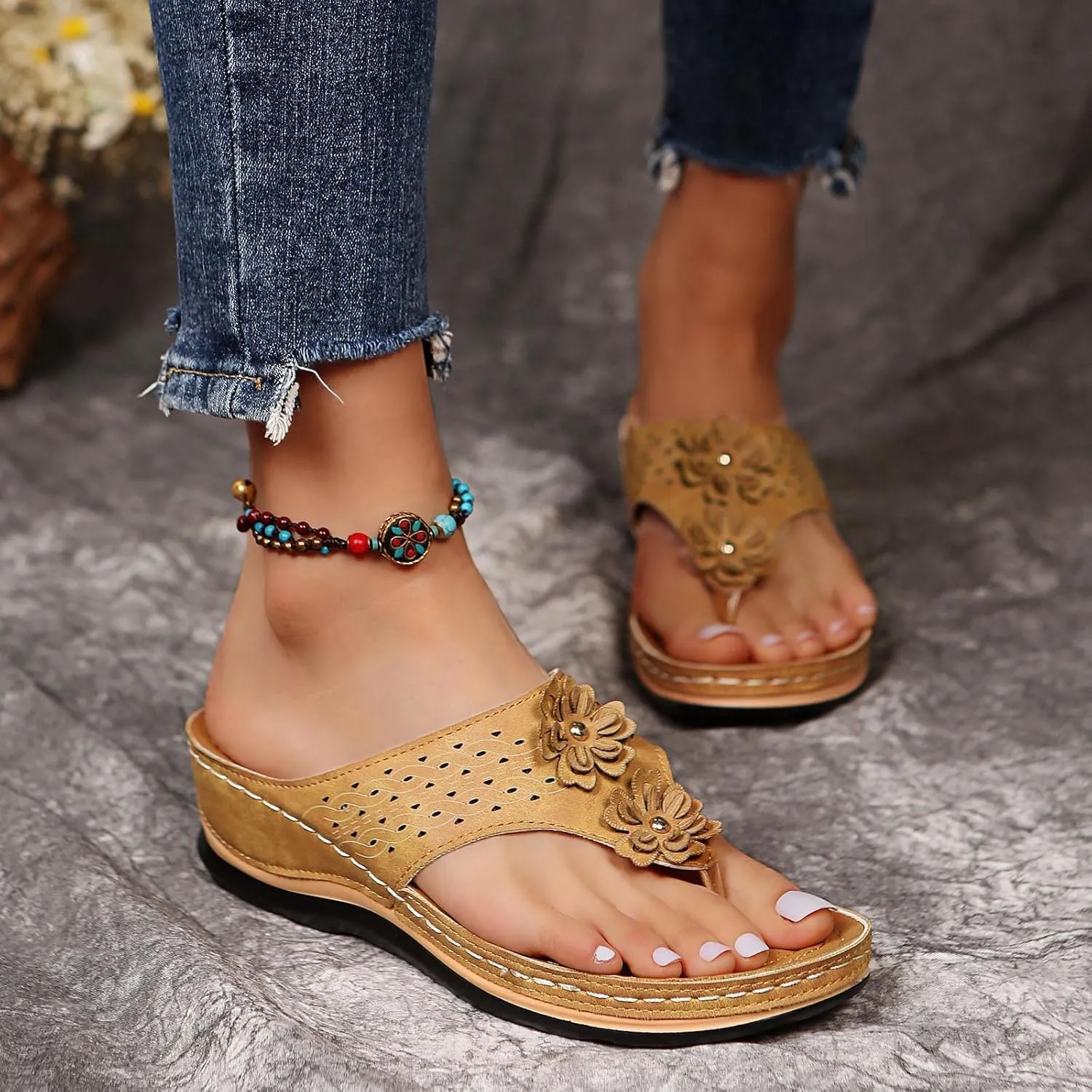 Women Wedge Sandals Orthopedic Clip Toe Orthopedic Sandals with Arch Support Casual Walking Slip on Flip Flops