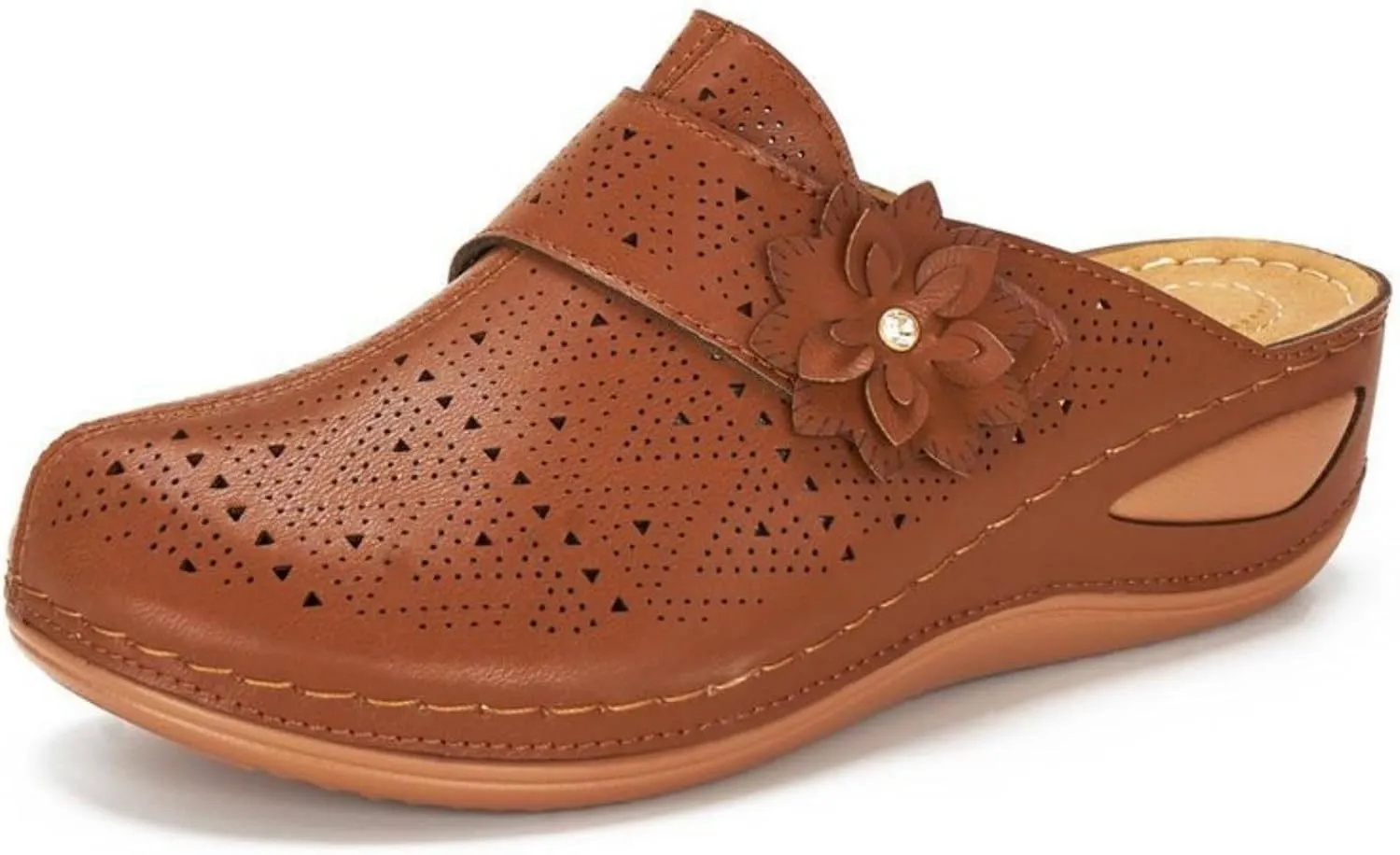 Womens Clogs Mules Slip On Comfy Summer Sandals Shoes Closed Toe Clogs for Women Mules Shoes Flower Wedge Sandals with Adjustable Hook Loop Comfortable Arch Support Trendy Low Wedge Shoe