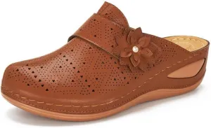 Womens Clogs Mules Slip On Comfy Summer Sandals Shoes Closed Toe Clogs for Women Mules Shoes Flower Wedge Sandals with Adjustable Hook Loop Comfortable Arch Support Trendy Low Wedge Shoe