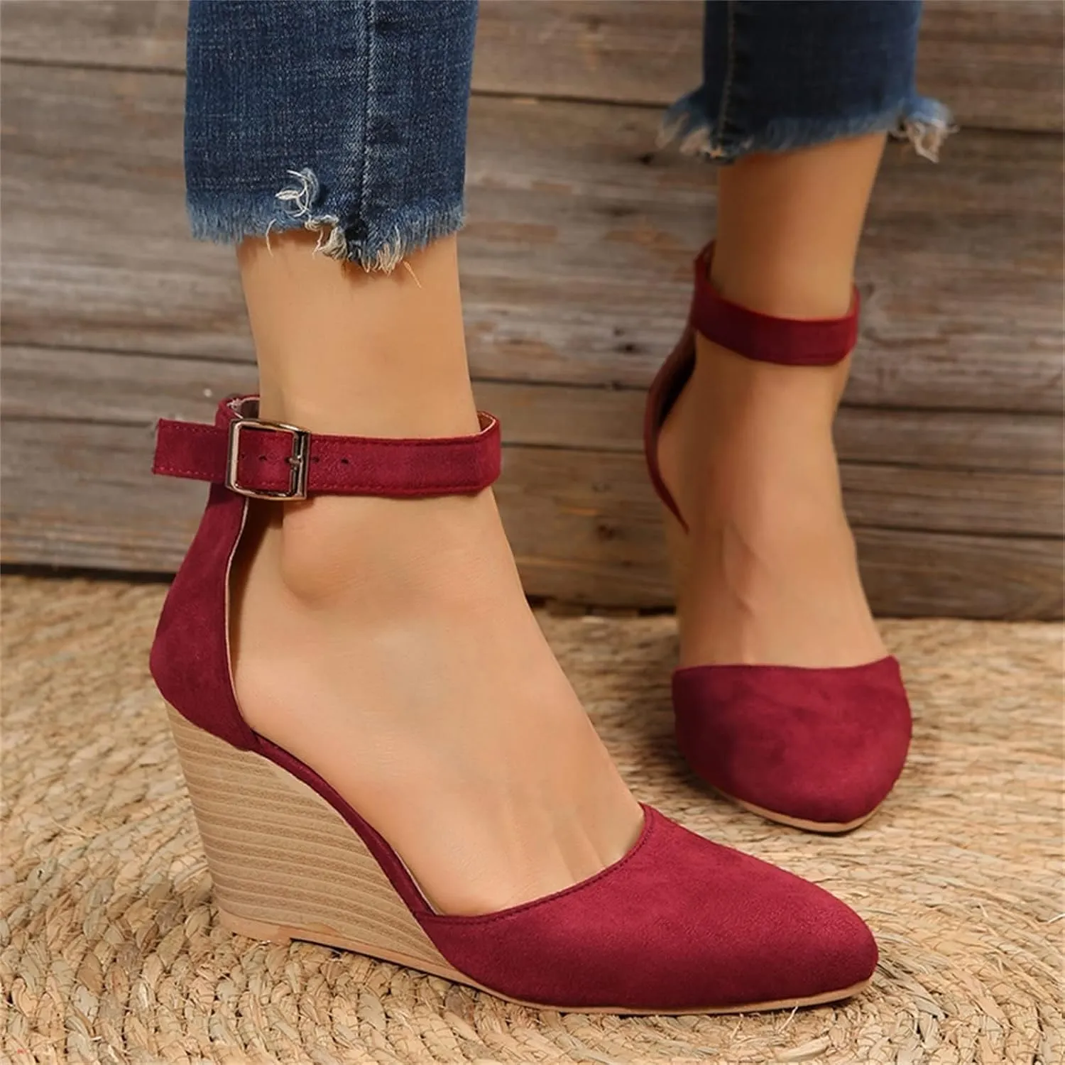Womens Closed Toe Sandals Women Summer 2025 Casual Ankle Pumps Strap Espadrilles High Heels Wedges Wedding Party Platform Wedge Heel Comfortable Cork Dress Shoes Beach with Adjustable Buckle
