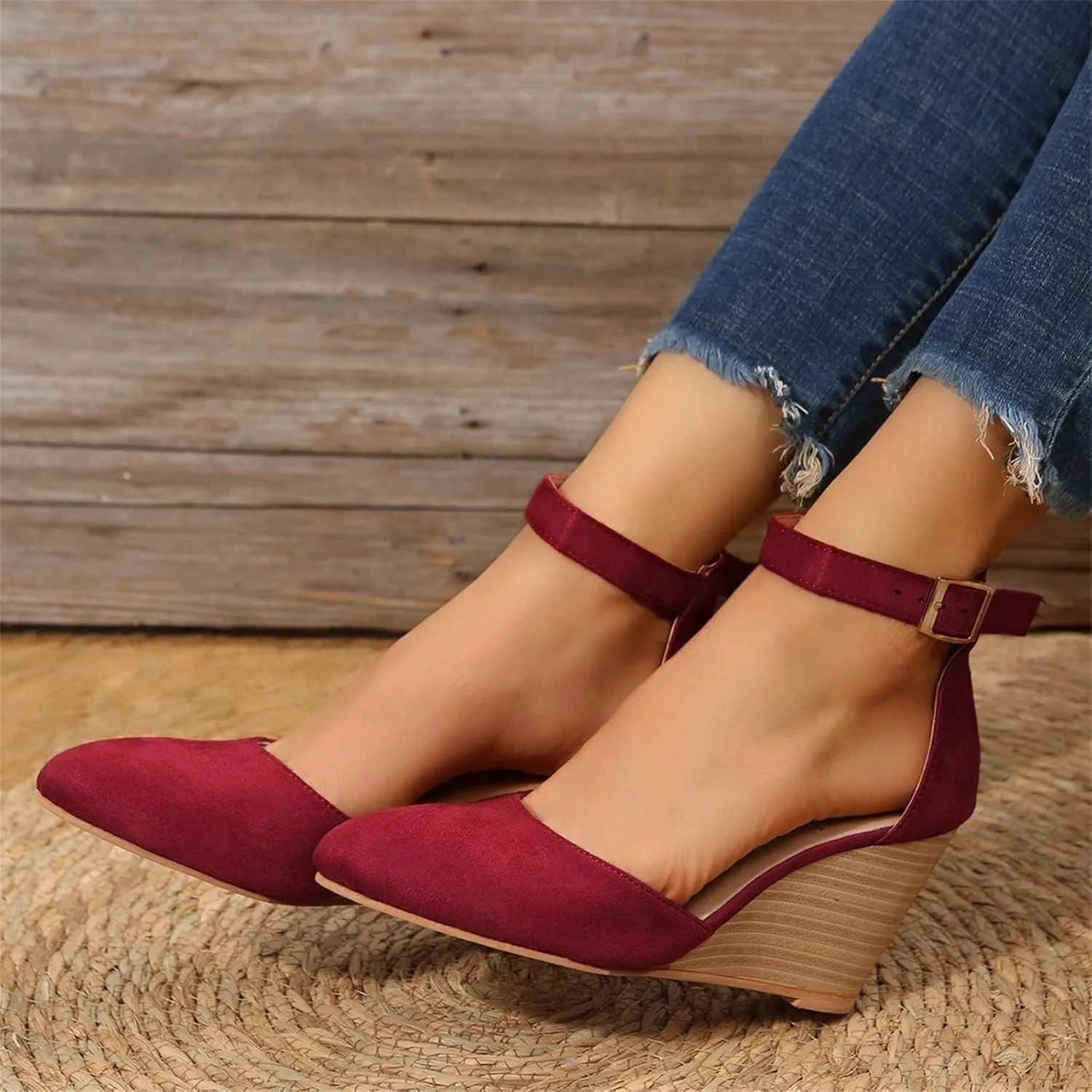 Womens Closed Toe Sandals Women Summer 2025 Casual Ankle Pumps Strap Espadrilles High Heels Wedges Wedding Party Platform Wedge Heel Comfortable Cork Dress Shoes Beach with Adjustable Buckle