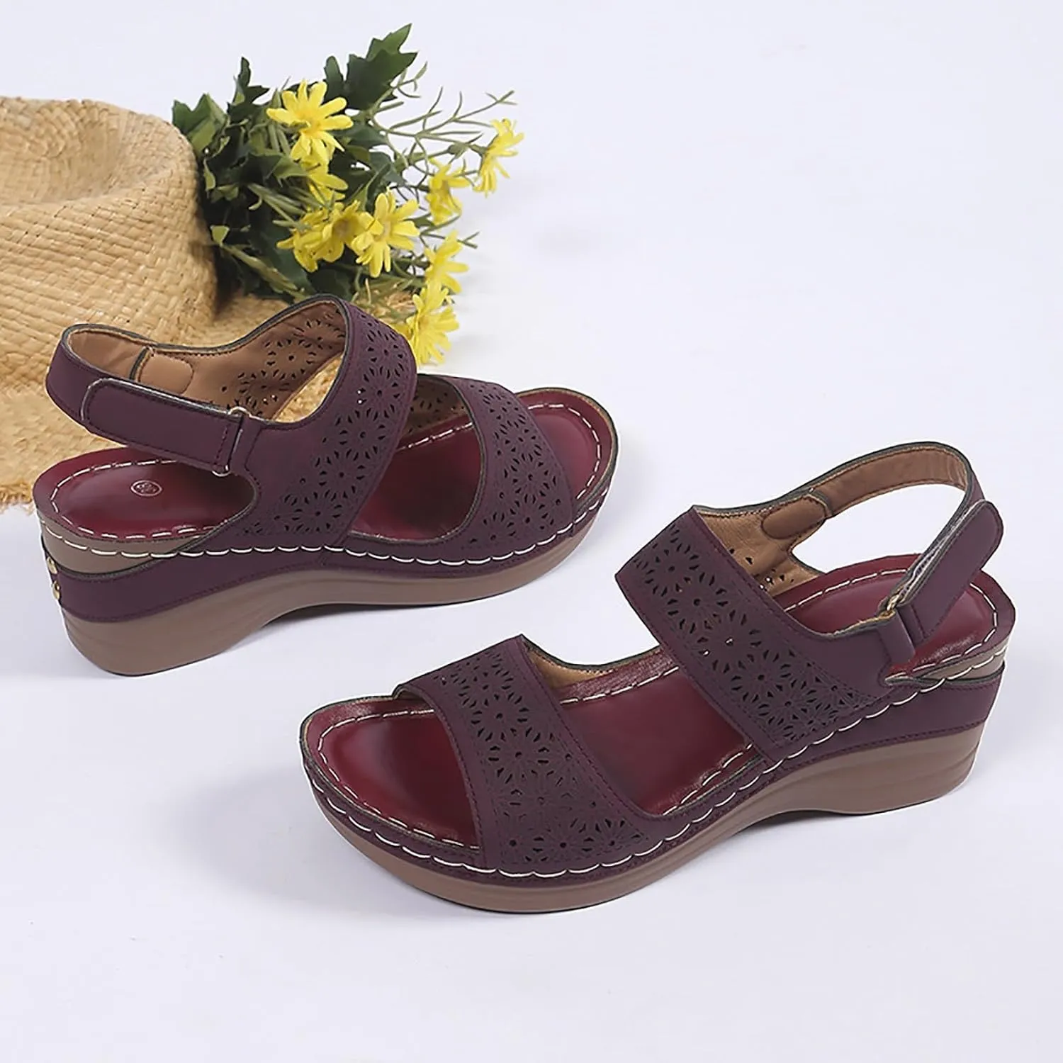 Womens Comfortable Open Toe Crisscross Straps Slip on Wedge Sandals Orthopedic Dressy Walking Casual Beach Low Slingback Sandal Wedges Retro with Adjustable Hook Loop Platform Arch Support