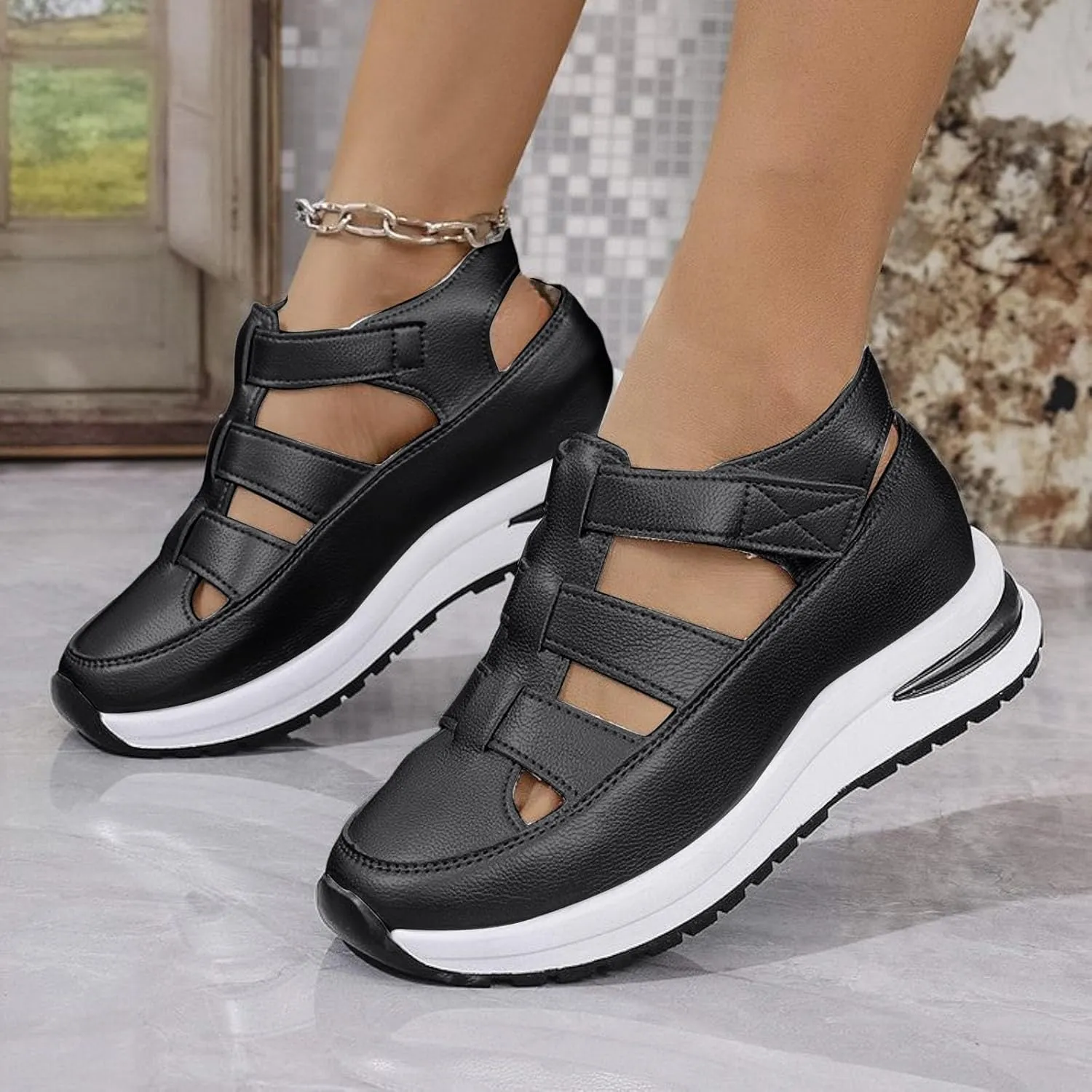 Women's Hollow Out Breathable Platform Wedge Sandals Sneakers Soft Thick Sole Closed Toe Ankle Buckle Strap Sandals Comfortable Lightweight Casual Walking Athletic Shoes Outdoor Going Out Footwear