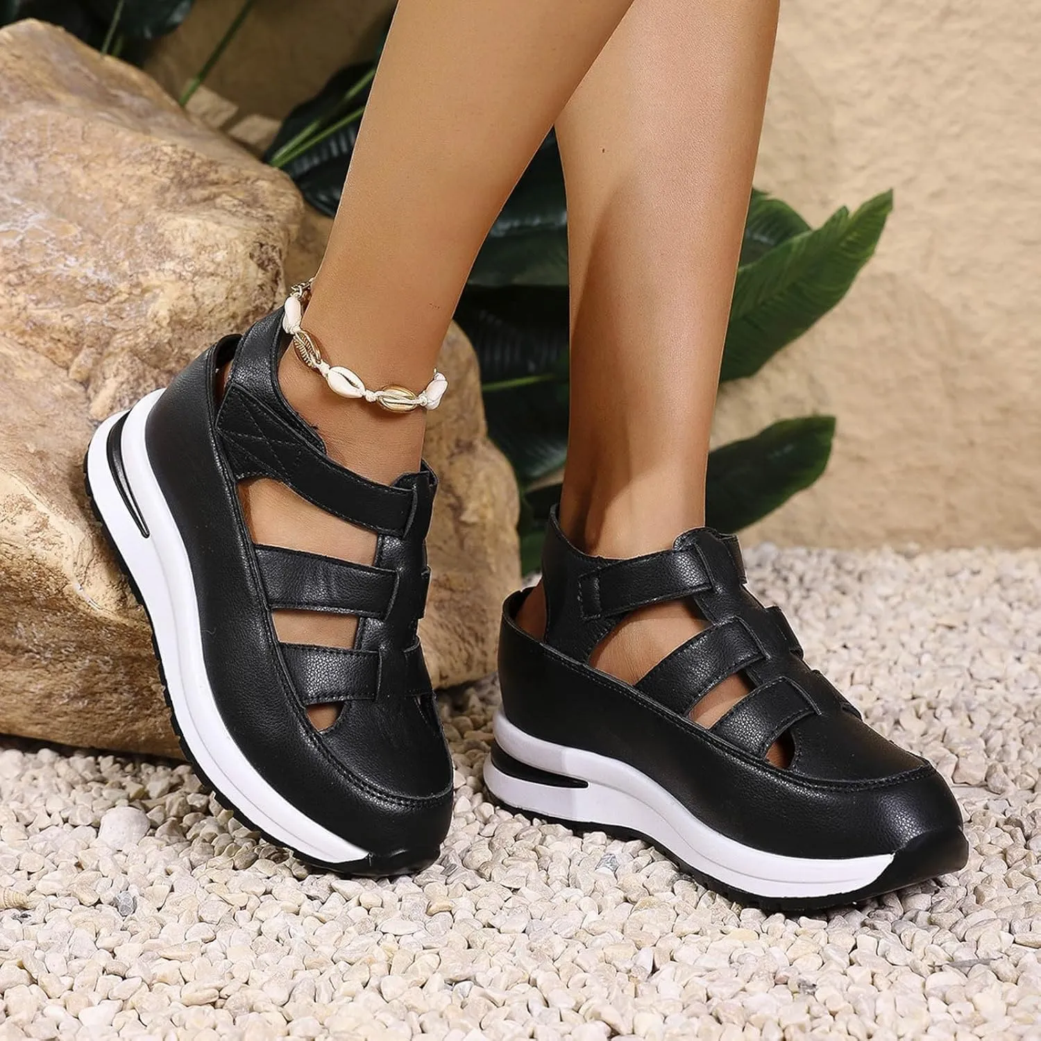 Women's Hollow Out Breathable Platform Wedge Sandals Sneakers Soft Thick Sole Closed Toe Ankle Buckle Strap Sandals Comfortable Lightweight Casual Walking Athletic Shoes Outdoor Going Out Footwear