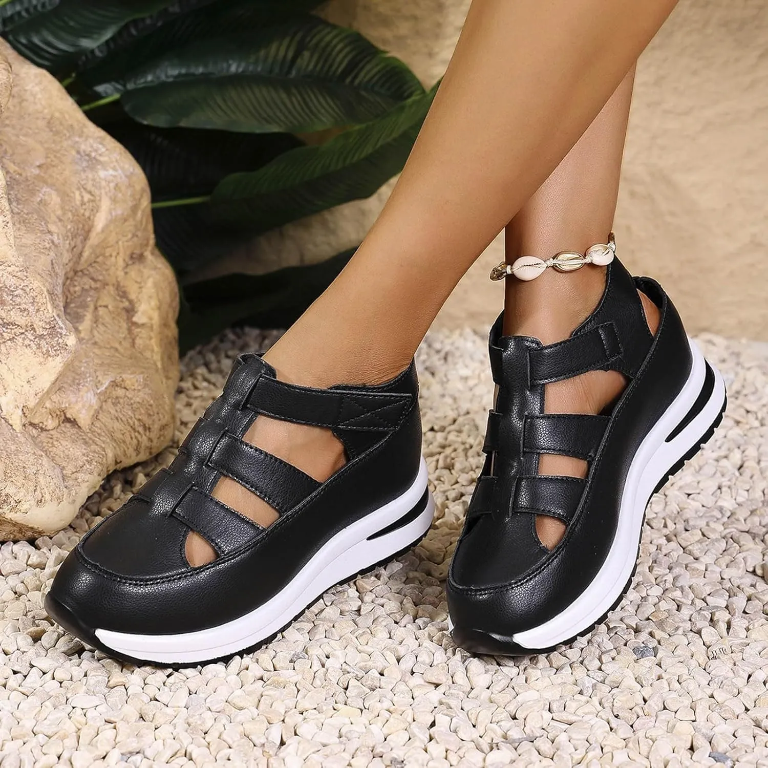 Women's Hollow Out Breathable Platform Wedge Sandals Sneakers Soft Thick Sole Closed Toe Ankle Buckle Strap Sandals Comfortable Lightweight Casual Walking Athletic Shoes Outdoor Going Out Footwear