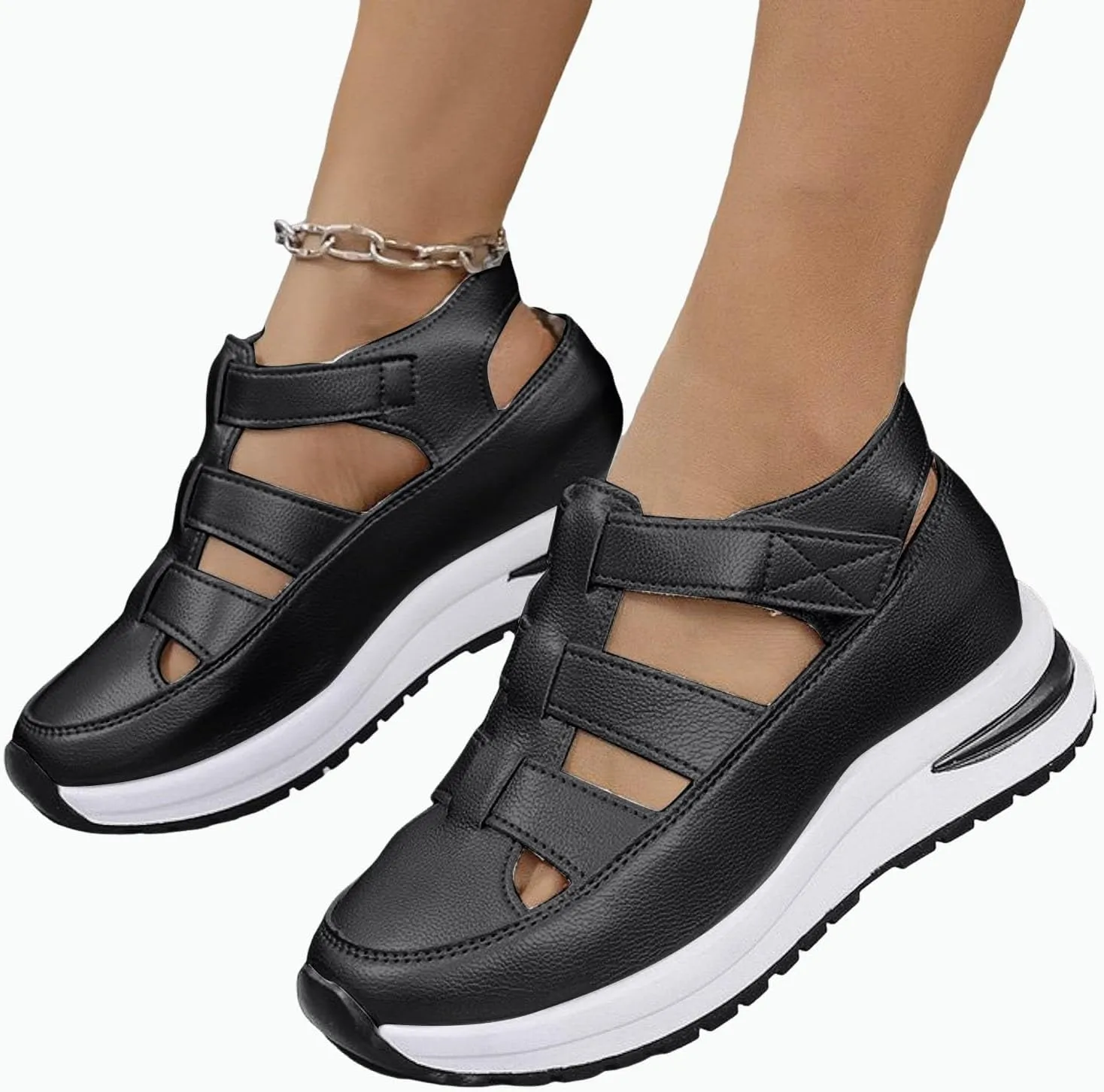 Women's Hollow Out Breathable Platform Wedge Sandals Sneakers Soft Thick Sole Closed Toe Ankle Buckle Strap Sandals Comfortable Lightweight Casual Walking Athletic Shoes Outdoor Going Out Footwear