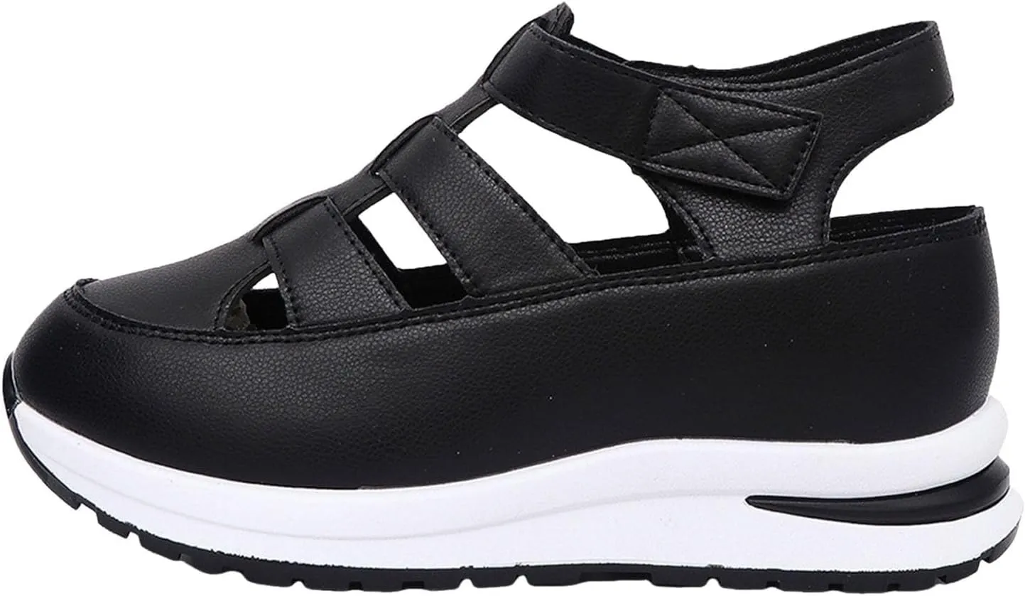 Women's Hollow Out Breathable Platform Wedge Sandals Sneakers Soft Thick Sole Closed Toe Ankle Buckle Strap Sandals Comfortable Lightweight Casual Walking Athletic Shoes Outdoor Going Out Footwear