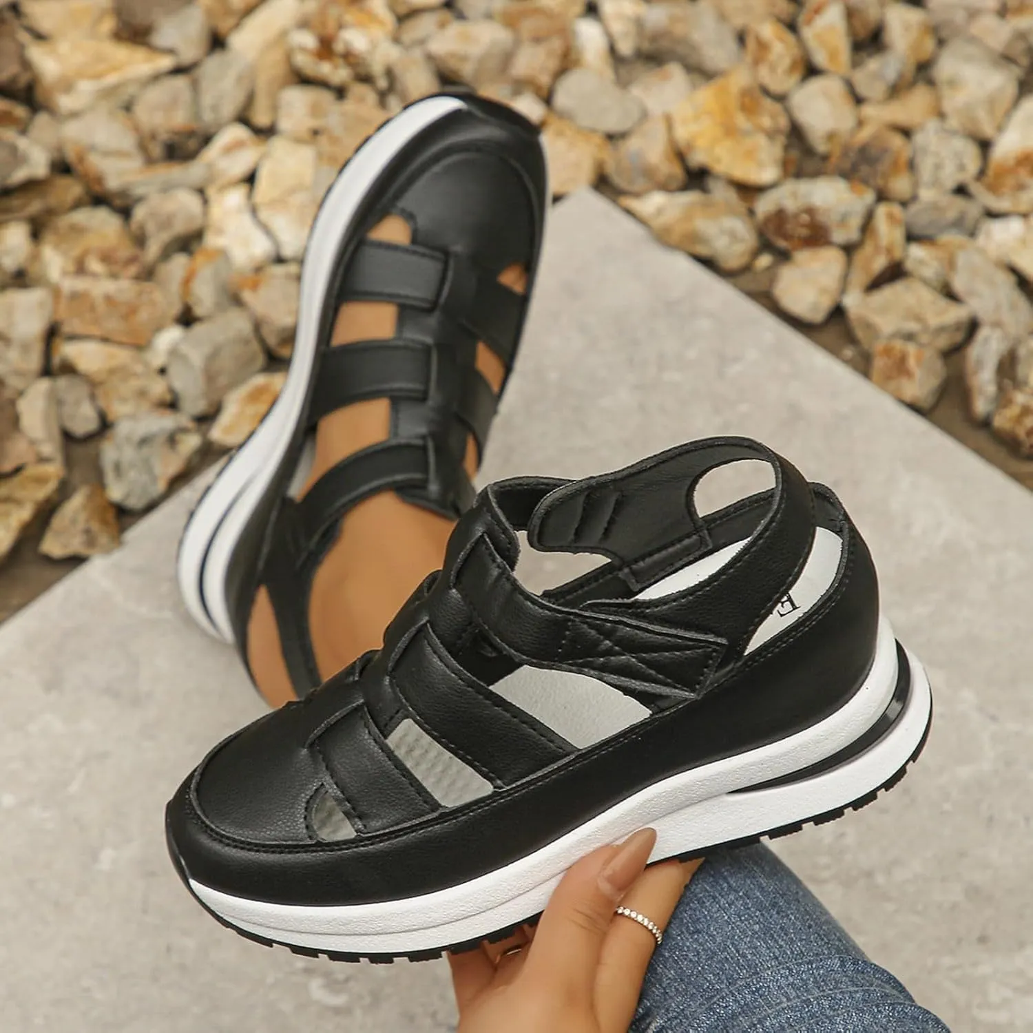 Women's Hollow Out Breathable Platform Wedge Sandals Sneakers Soft Thick Sole Closed Toe Ankle Buckle Strap Sandals Comfortable Lightweight Casual Walking Athletic Shoes Outdoor Going Out Footwear