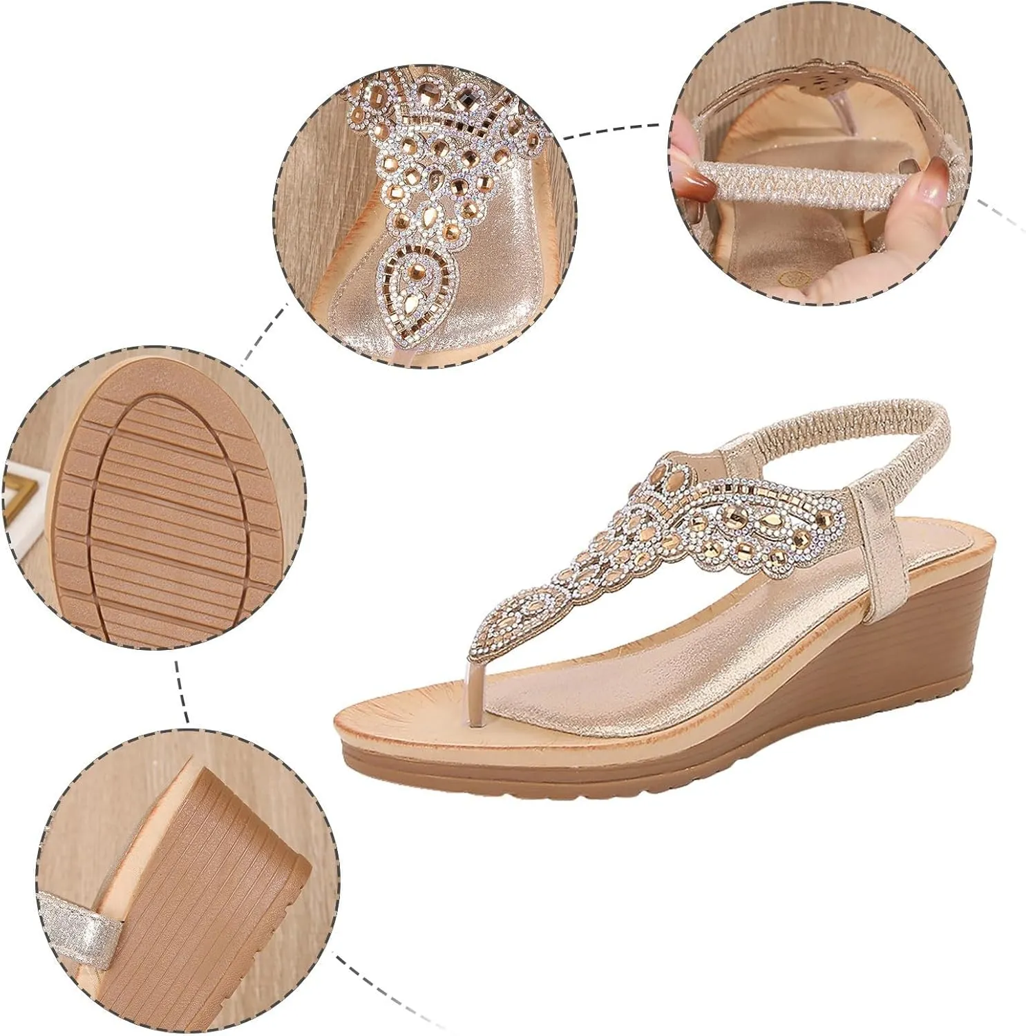 Women's Low Wedge Heels Summer Dressy Platform Sandals Elastic Ankle Strap Open Toe Flower Shoes Comfortable Casual Bohemian Beach Rhinestone Flowers Fashion Breathable Heel Wedges Sandal
