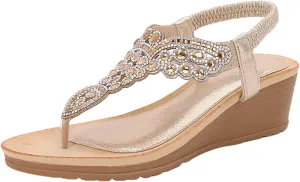 Women's Low Wedge Heels Summer Dressy Platform Sandals Elastic Ankle Strap Open Toe Flower Shoes Comfortable Casual Bohemian Beach Rhinestone Flowers Fashion Breathable Heel Wedges Sandal