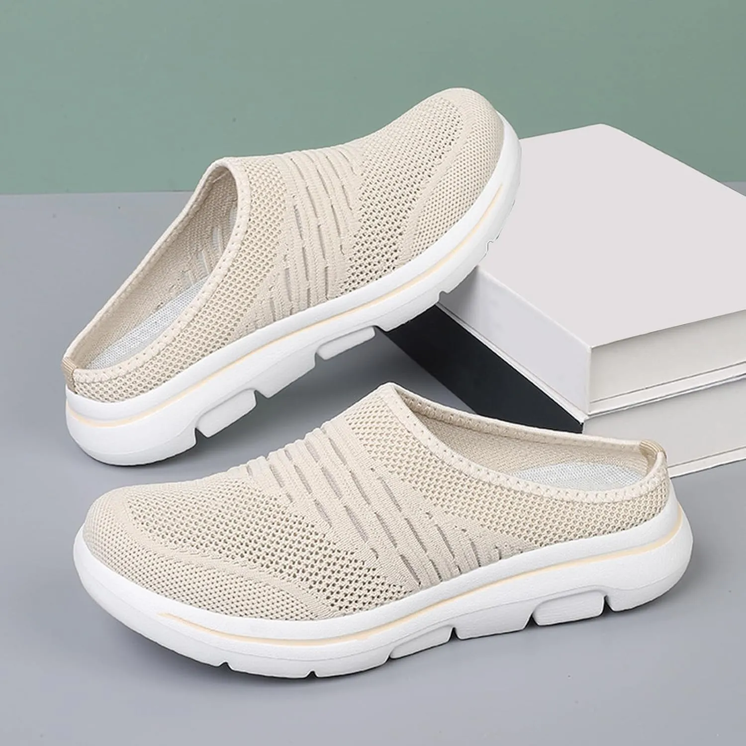 Women's mesh Breathable Soft Sole Mules Fashion Knitted Backless Slip on Lightweight Walking Shoes Casual Comfortable Outdoor Sports Wedge Mule Womens Mesh Sneakers Open Back On Slippers