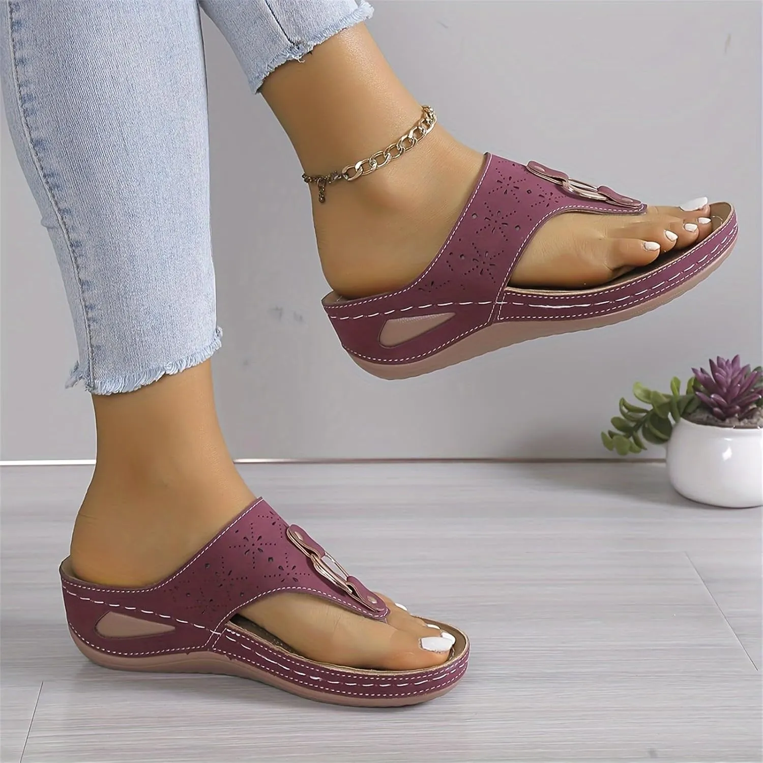 Women's Orthopedic Arch Support Sandals Diabetic Walking Shoes Summer Anti-Slip Breathable Mesh Hollow Wedge Slippers Orthotic Open Toe Casual Comfortable Beach Fashion Flip-Flops