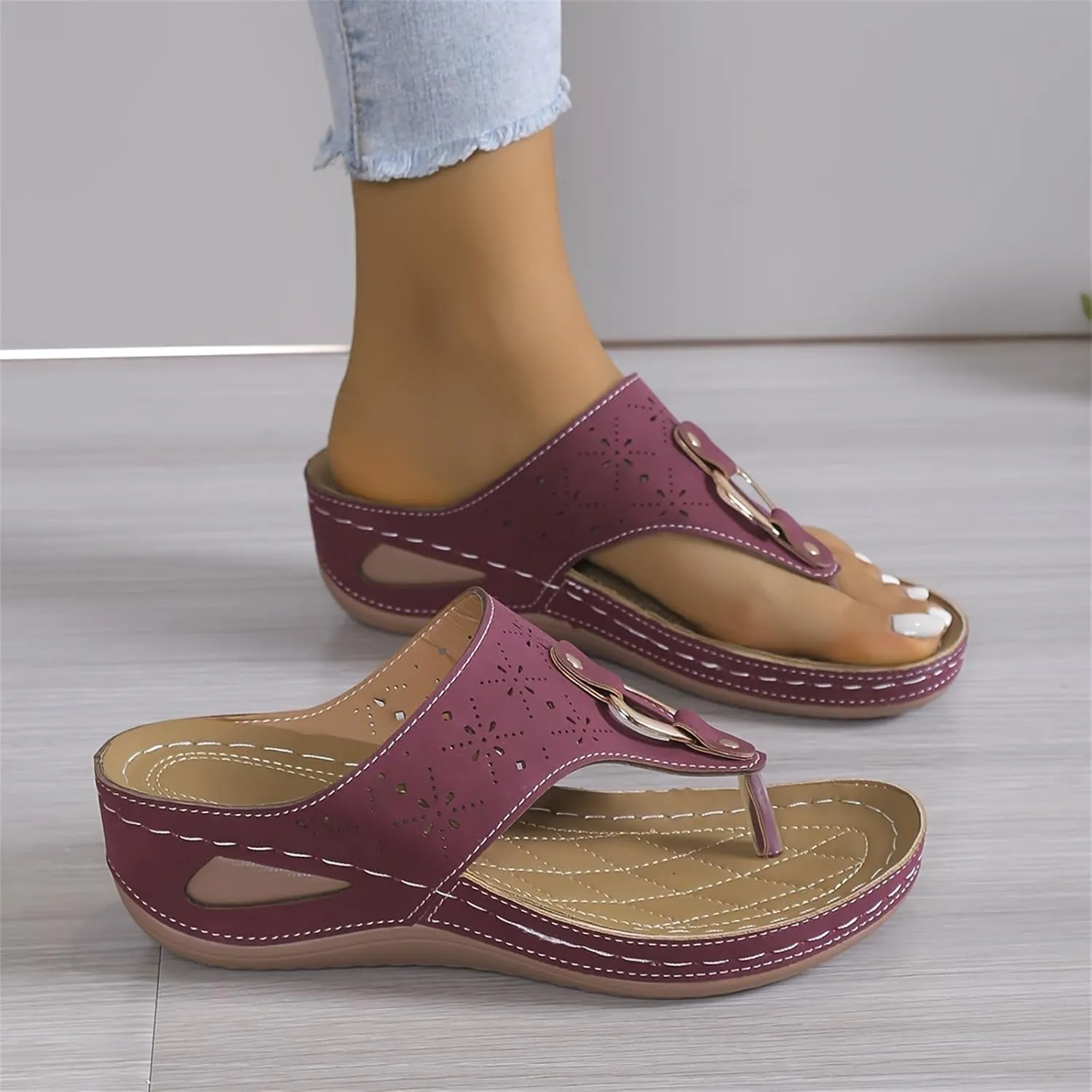 Women's Orthopedic Arch Support Sandals Diabetic Walking Shoes Summer Anti-Slip Breathable Mesh Hollow Wedge Slippers Orthotic Open Toe Casual Comfortable Beach Fashion Flip-Flops