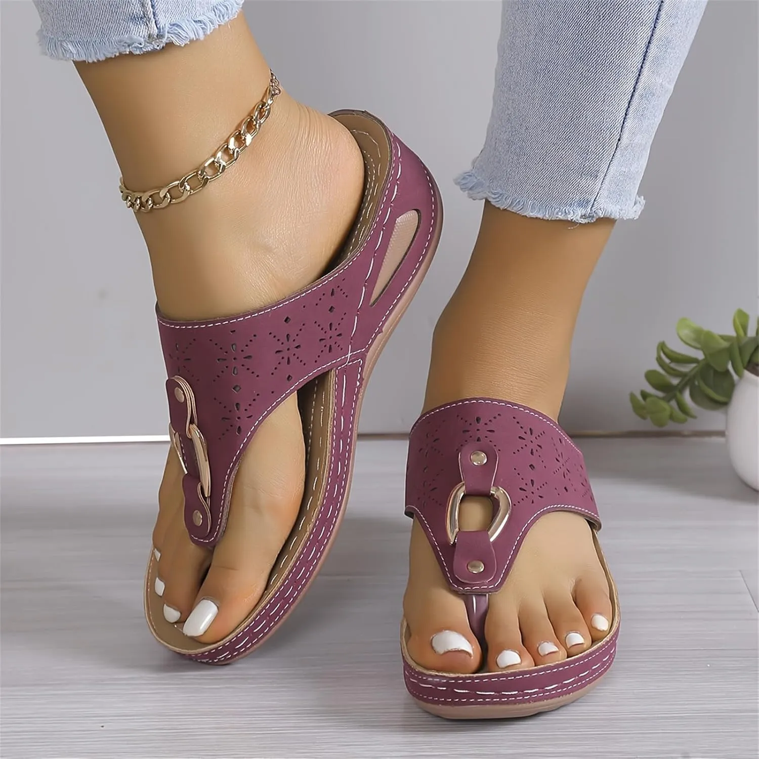Women's Orthopedic Arch Support Sandals Diabetic Walking Shoes Summer Anti-Slip Breathable Mesh Hollow Wedge Slippers Orthotic Open Toe Casual Comfortable Beach Fashion Flip-Flops