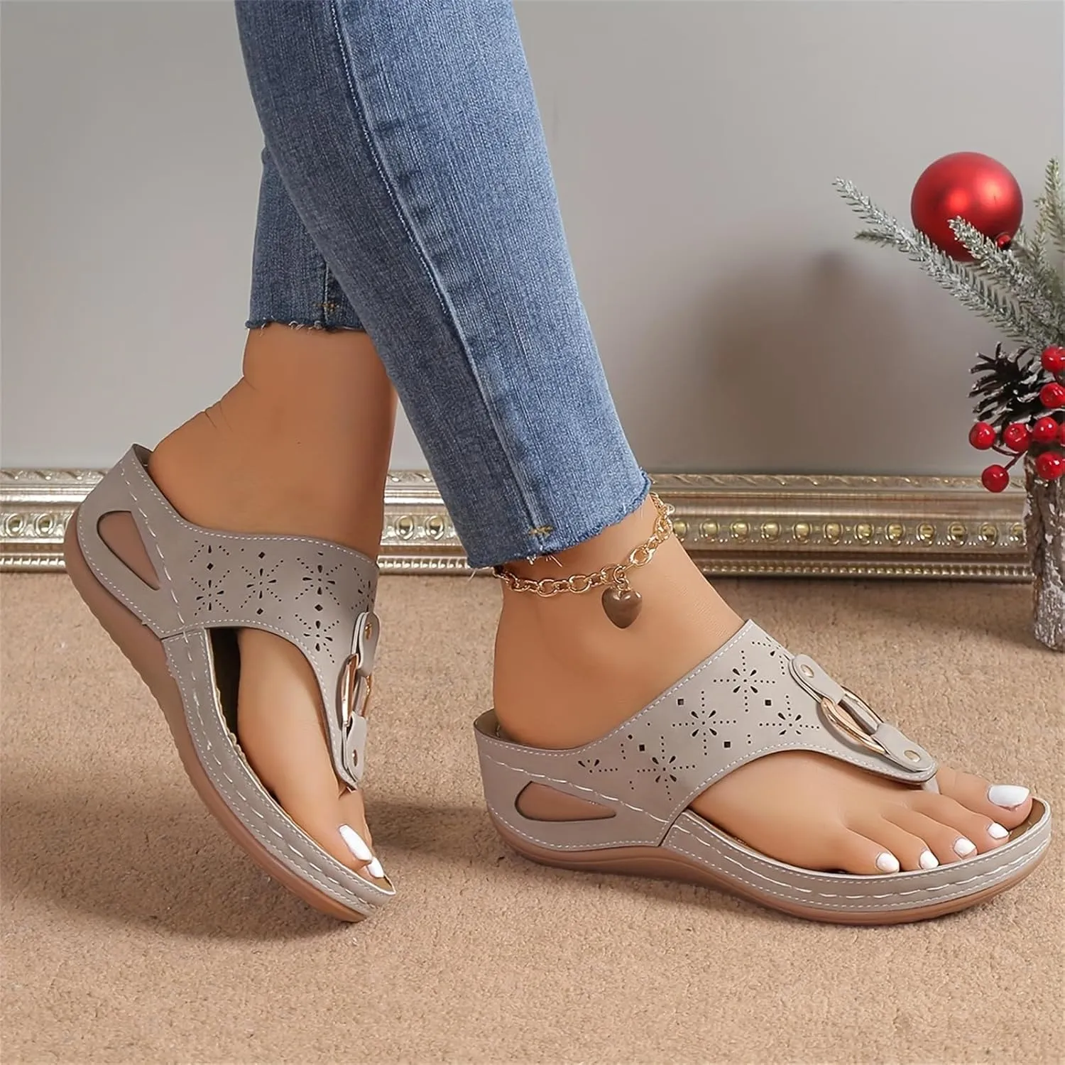 Women's Orthopedic Arch Support Sandals Diabetic Walking Shoes Summer Anti-Slip Breathable Mesh Hollow Wedge Slippers Orthotic Open Toe Casual Comfortable Beach Fashion Flip-Flops
