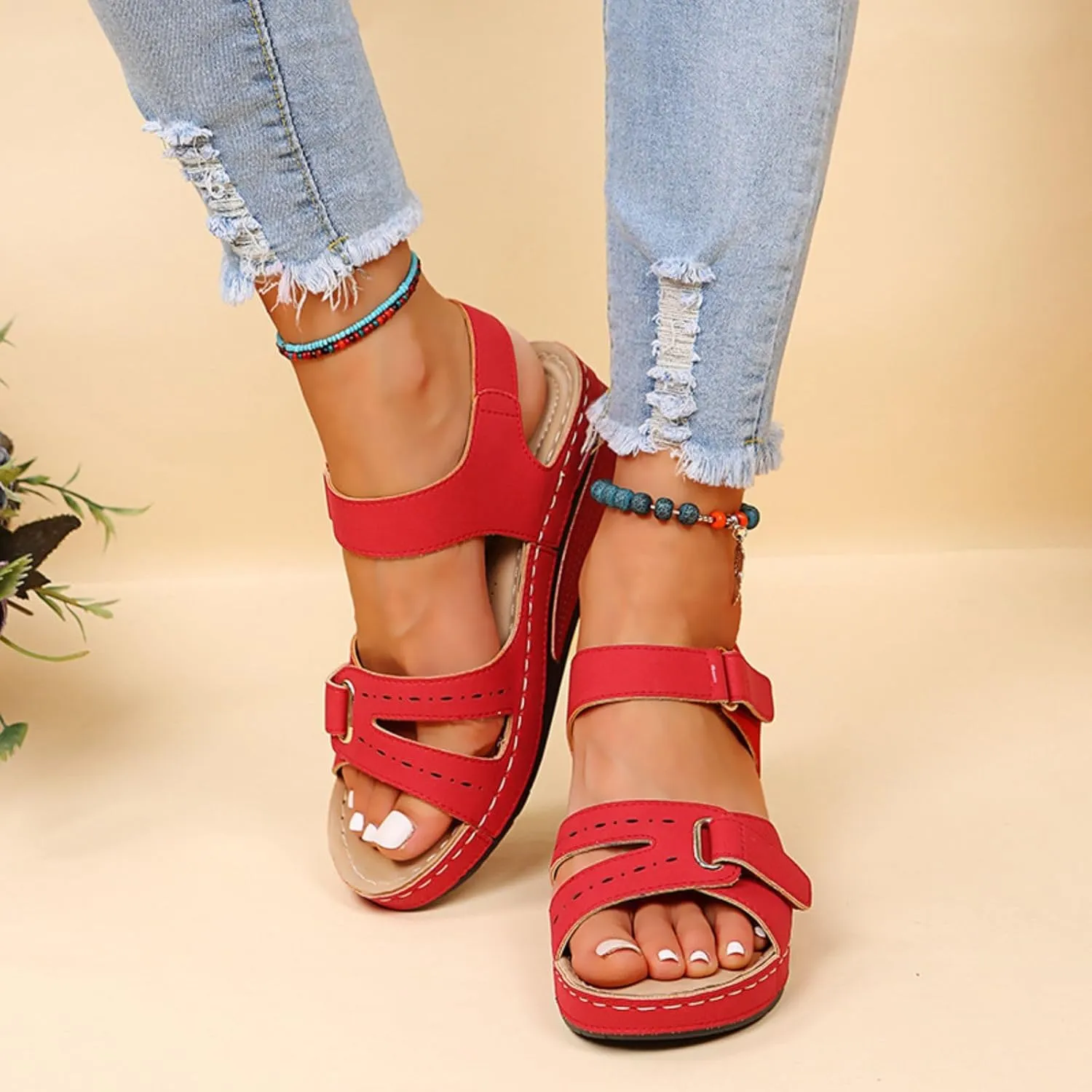 Women's Orthopedic Arch Support Sandals Summer Comfortable Low Heel Wedge Sandals with Adjustable Straps Open Toe Fishmouth Dressy Flat Sandal Platform Beach Walking Casual Slip On Sandal