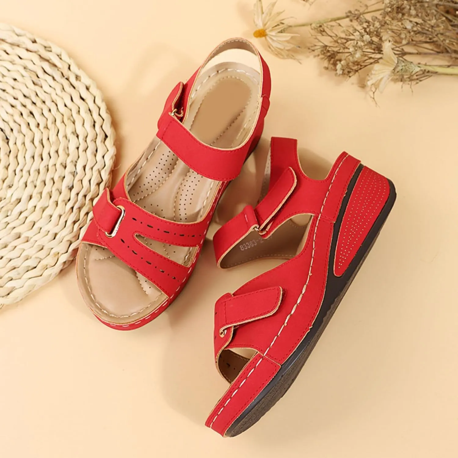 Women's Orthopedic Arch Support Sandals Summer Comfortable Low Heel Wedge Sandals with Adjustable Straps Open Toe Fishmouth Dressy Flat Sandal Platform Beach Walking Casual Slip On Sandal