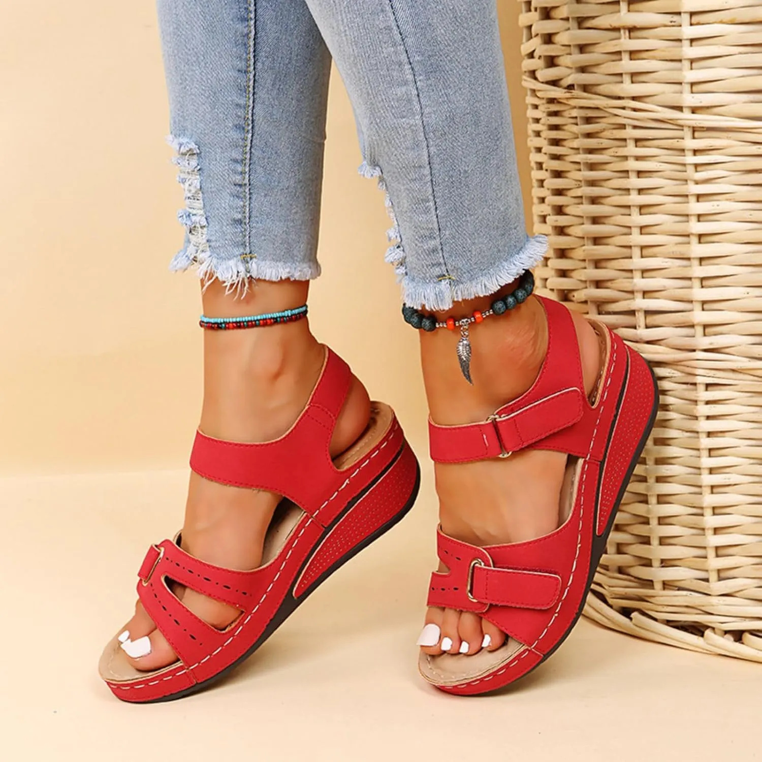 Women's Orthopedic Arch Support Sandals Summer Comfortable Low Heel Wedge Sandals with Adjustable Straps Open Toe Fishmouth Dressy Flat Sandal Platform Beach Walking Casual Slip On Sandal