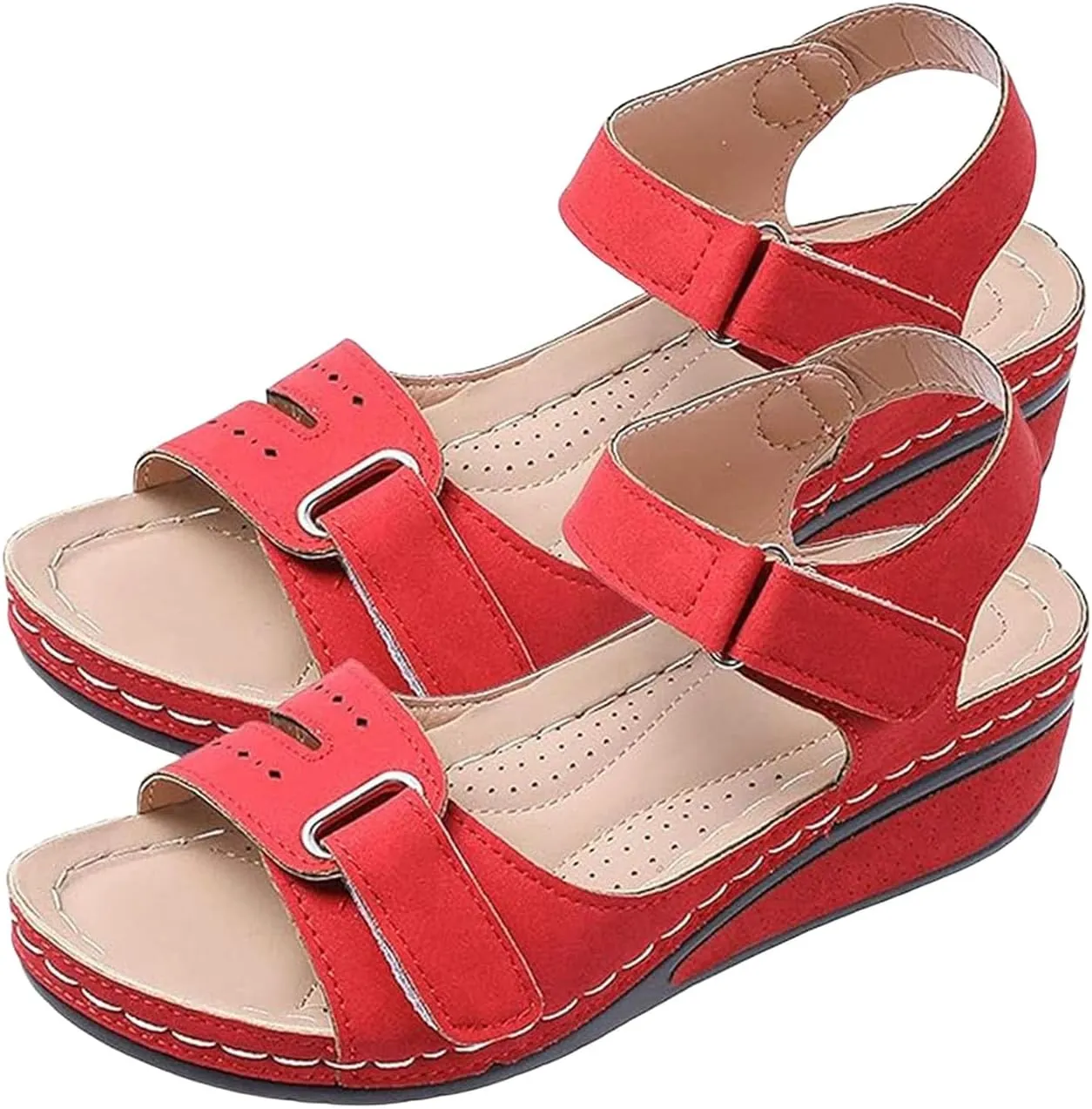 Women's Orthopedic Arch Support Sandals Summer Comfortable Low Heel Wedge Sandals with Adjustable Straps Open Toe Fishmouth Dressy Flat Sandal Platform Beach Walking Casual Slip On Sandal