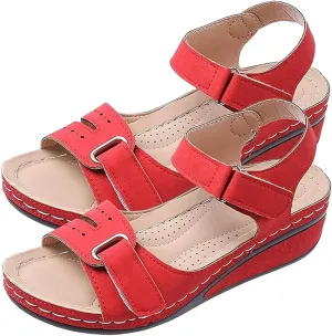 Women's Orthopedic Arch Support Sandals Summer Comfortable Low Heel Wedge Sandals with Adjustable Straps Open Toe Fishmouth Dressy Flat Sandal Platform Beach Walking Casual Slip On Sandal