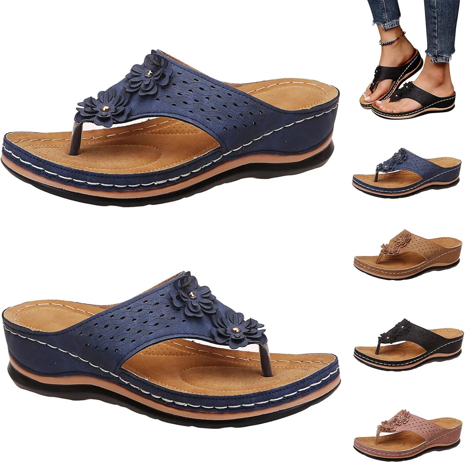 Womens Orthopedic Sandals Summer Casual Flip Flops Arch Support Adjustable Straps Thick Cushion Comfortable Walking Beach Shoes