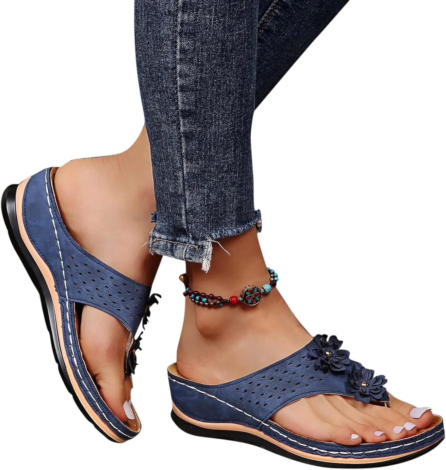 Womens Orthopedic Sandals Summer Casual Flip Flops Arch Support Adjustable Straps Thick Cushion Comfortable Walking Beach Shoes