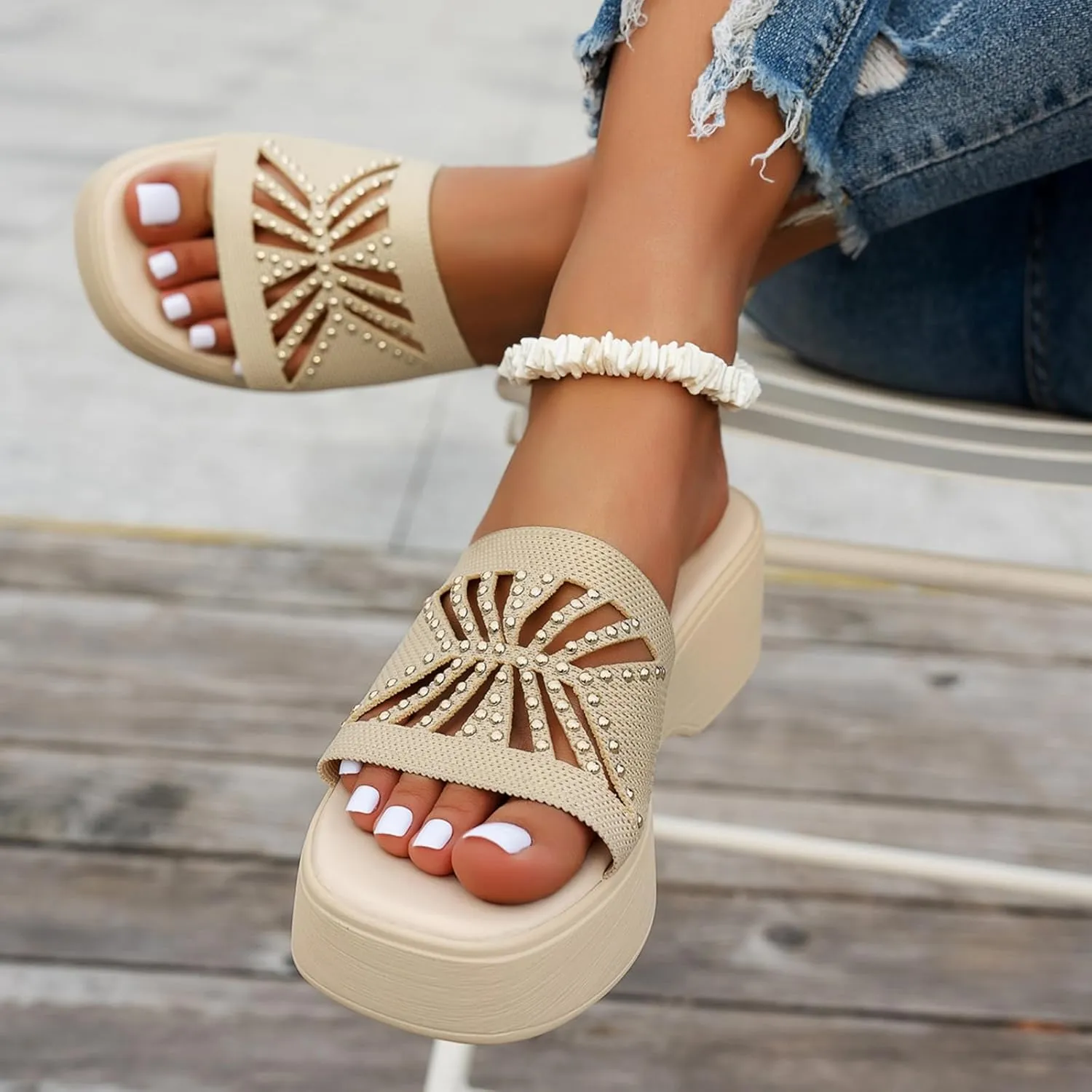 Women's Platform Wedge Sandals Slip On Peep Toe High Heel for Comfortable Casual Summer Ladies Slide Dress Mules Square Wedges Slides Chunky Heels Fabric Mule Fitted Lightweight Shoes Slipper