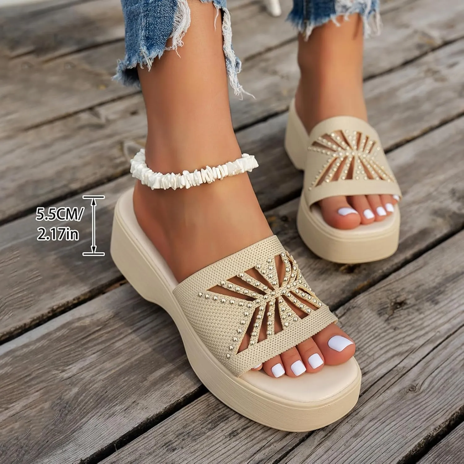 Women's Platform Wedge Sandals Slip On Peep Toe High Heel for Comfortable Casual Summer Ladies Slide Dress Mules Square Wedges Slides Chunky Heels Fabric Mule Fitted Lightweight Shoes Slipper