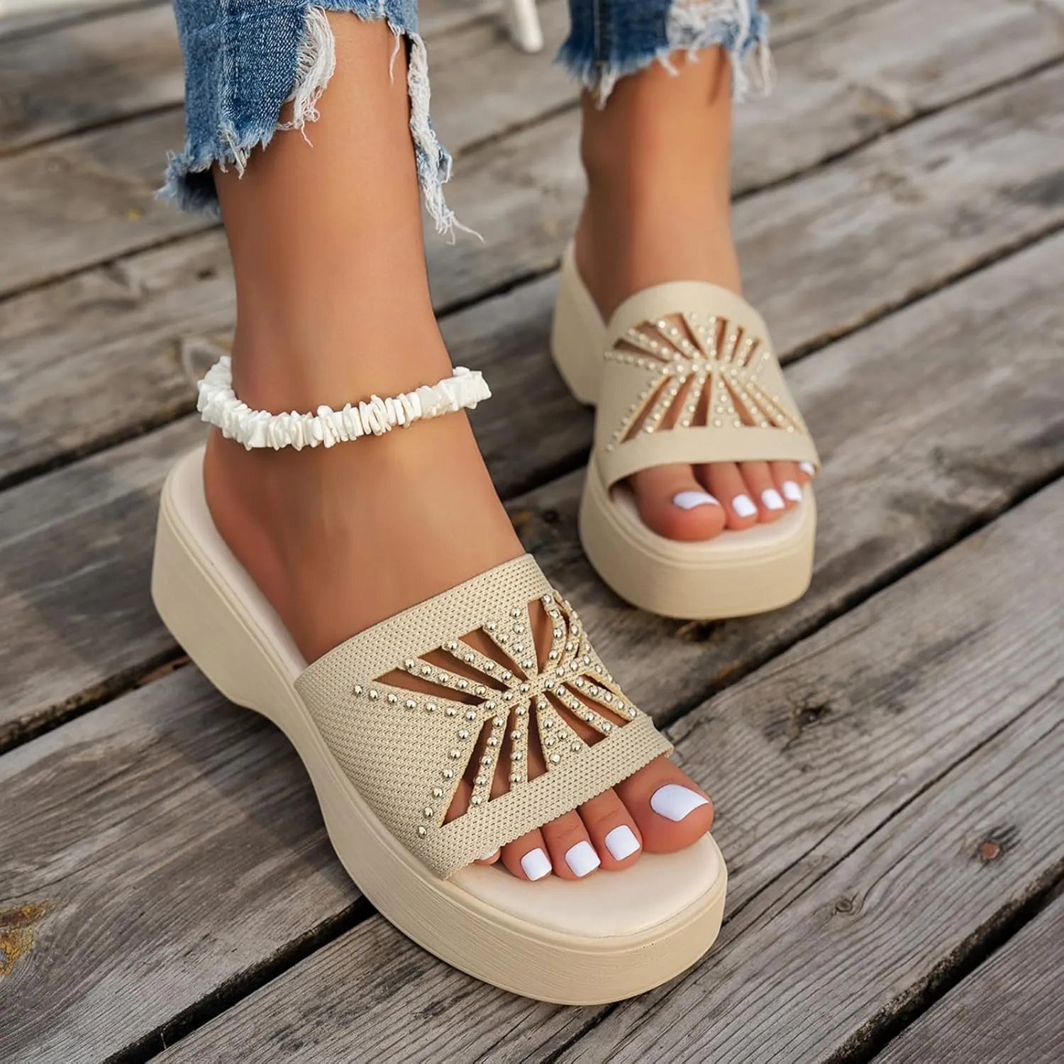 Women's Platform Wedge Sandals Slip On Peep Toe High Heel for Comfortable Casual Summer Ladies Slide Dress Mules Square Wedges Slides Chunky Heels Fabric Mule Fitted Lightweight Shoes Slipper