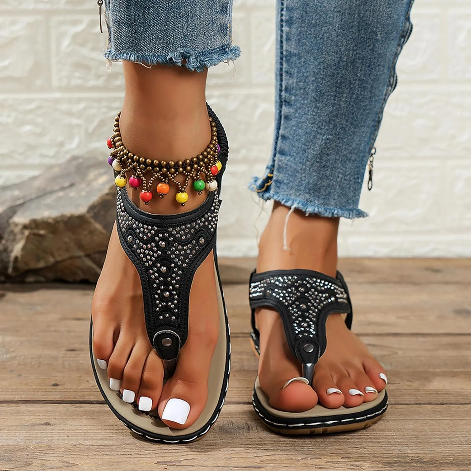 Womens Sandals Arch Support Slingback Sandals Summer Beach Shoes Ankle Strap Thong Elastic Flat Sandals for Women